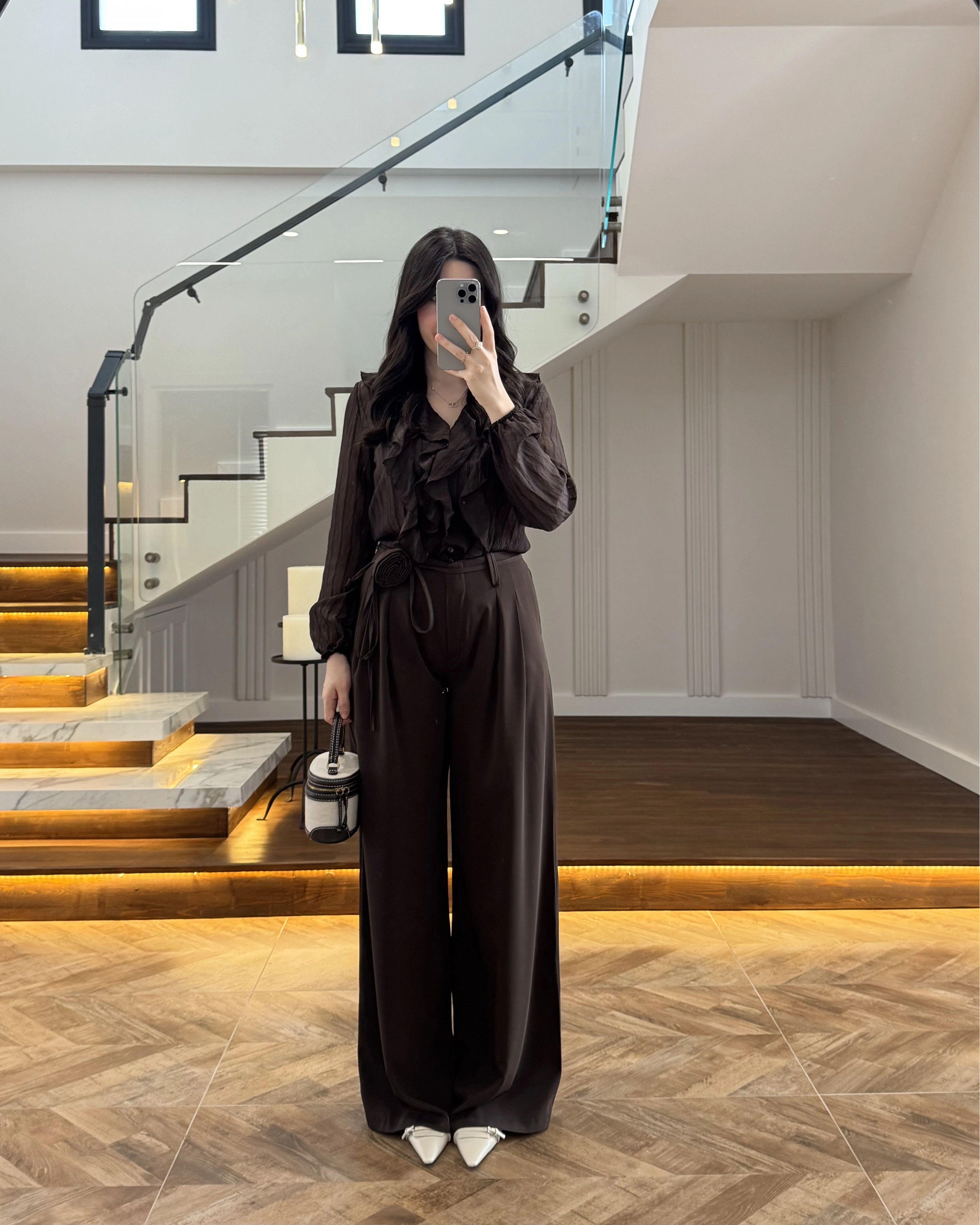 KAHVE GÜL BROŞLU PALAZZO PANTOLON-3902