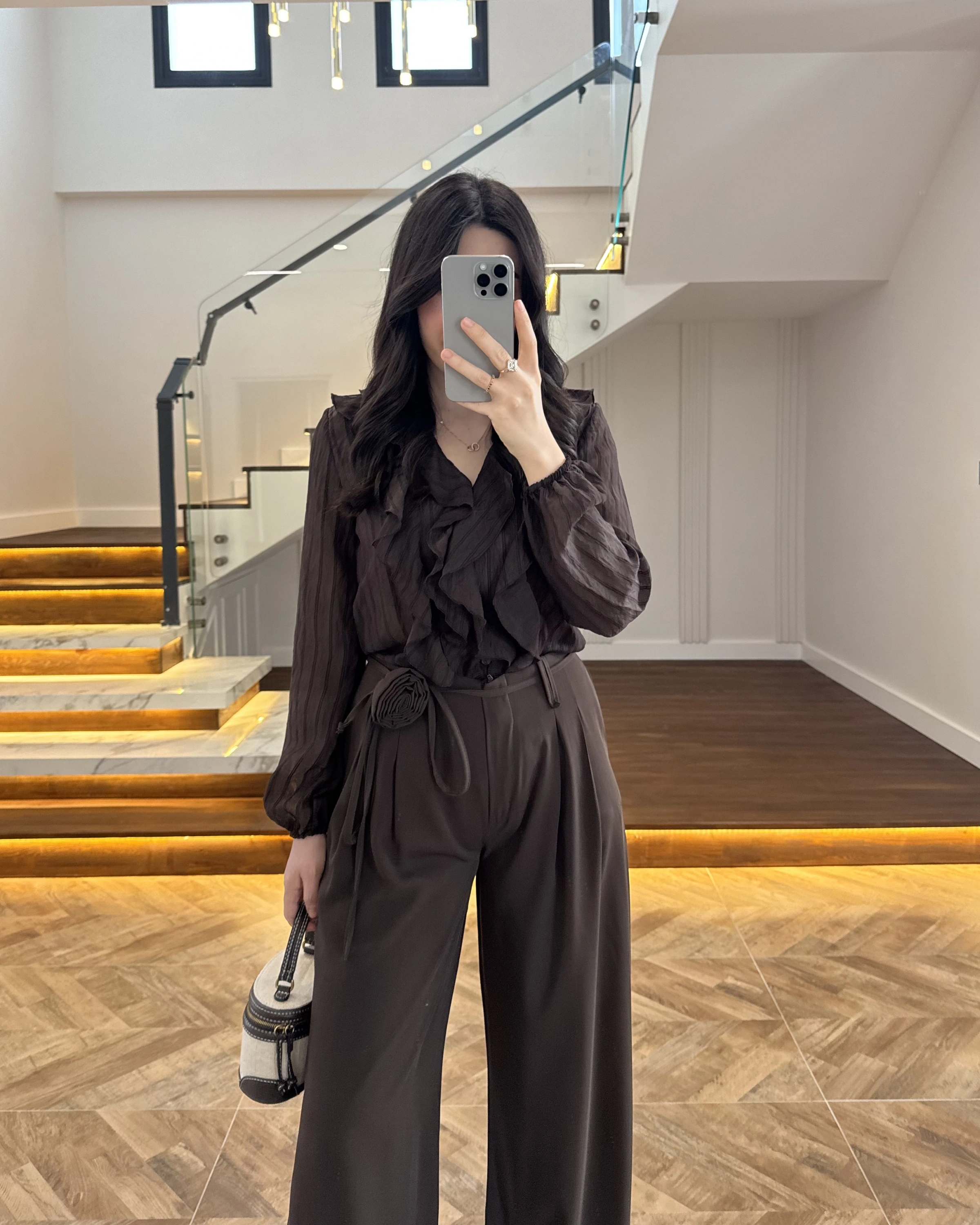 KAHVE GÜL BROŞLU PALAZZO PANTOLON-3902