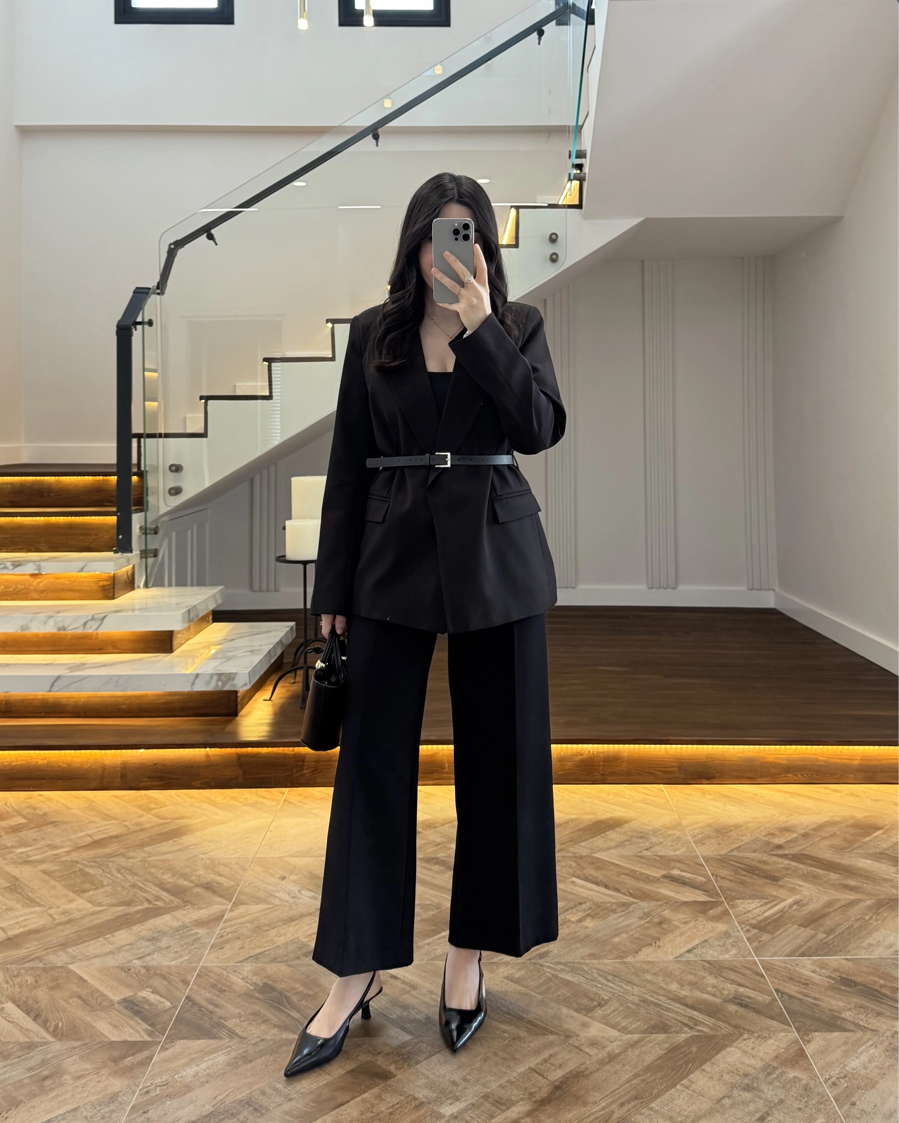 SİYAH KEMERLİ POLİVİSKON BLAZER CEKET-9700