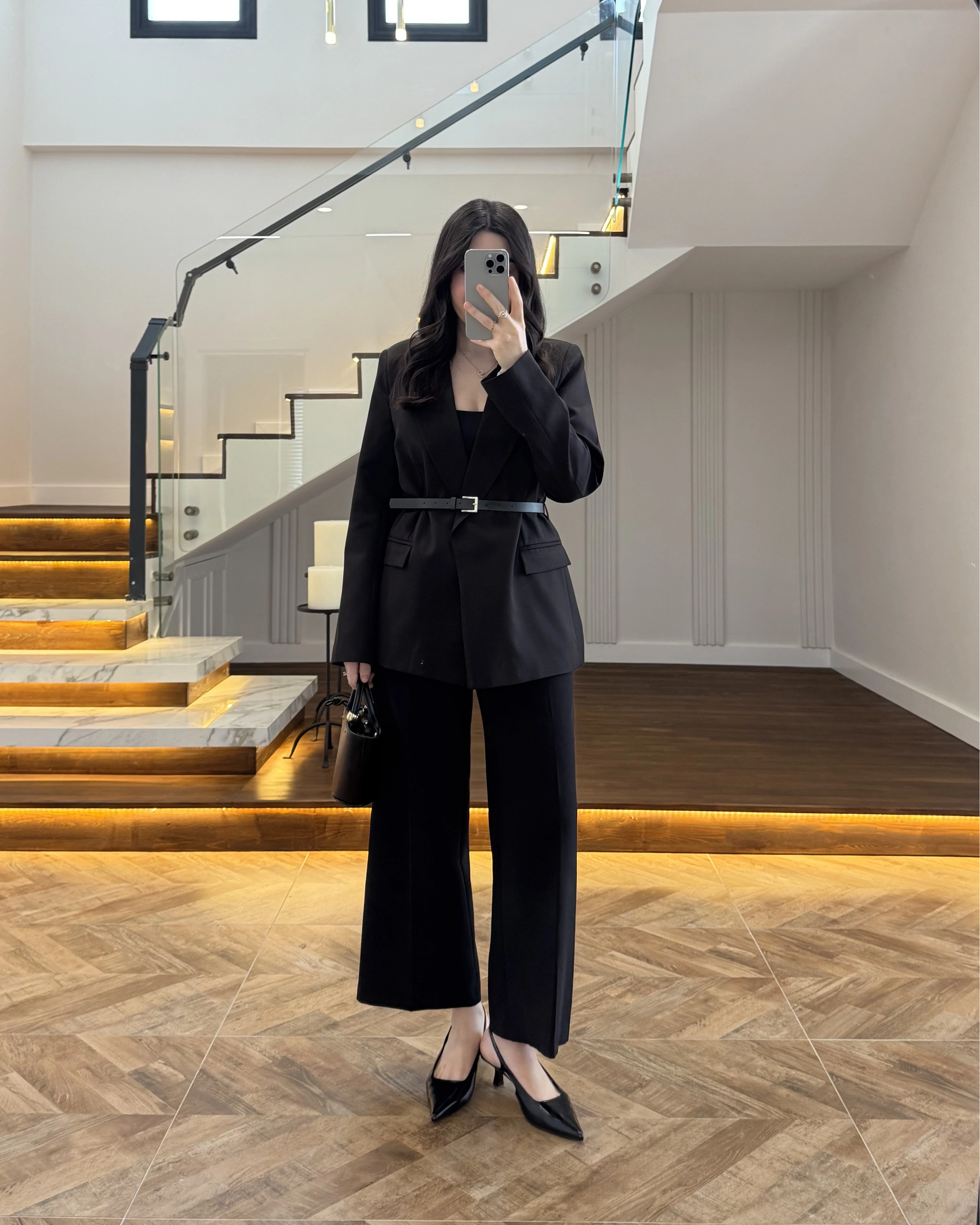 SİYAH KEMERLİ POLİVİSKON BLAZER CEKET-9700