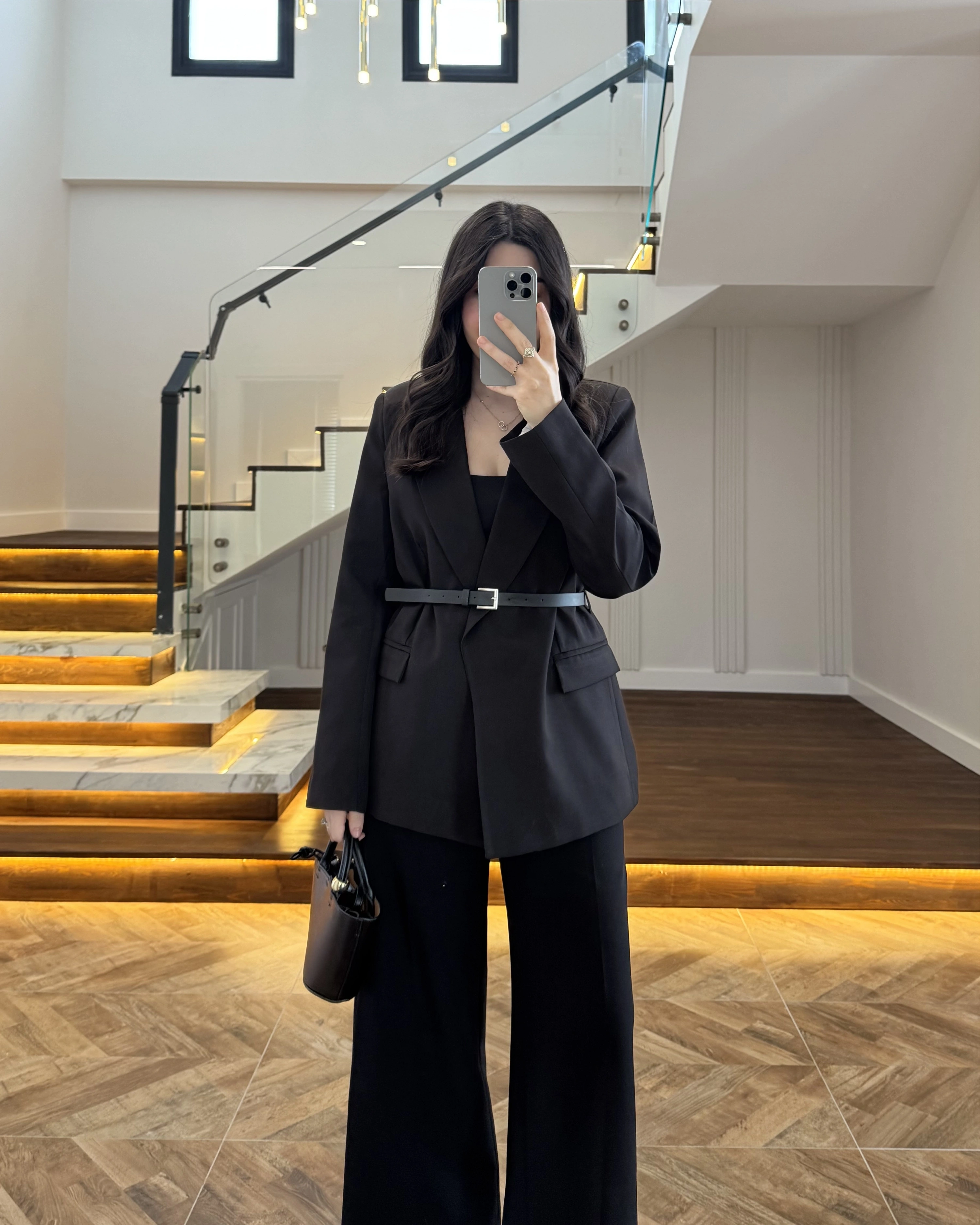 SİYAH KEMERLİ POLİVİSKON BLAZER CEKET-9700