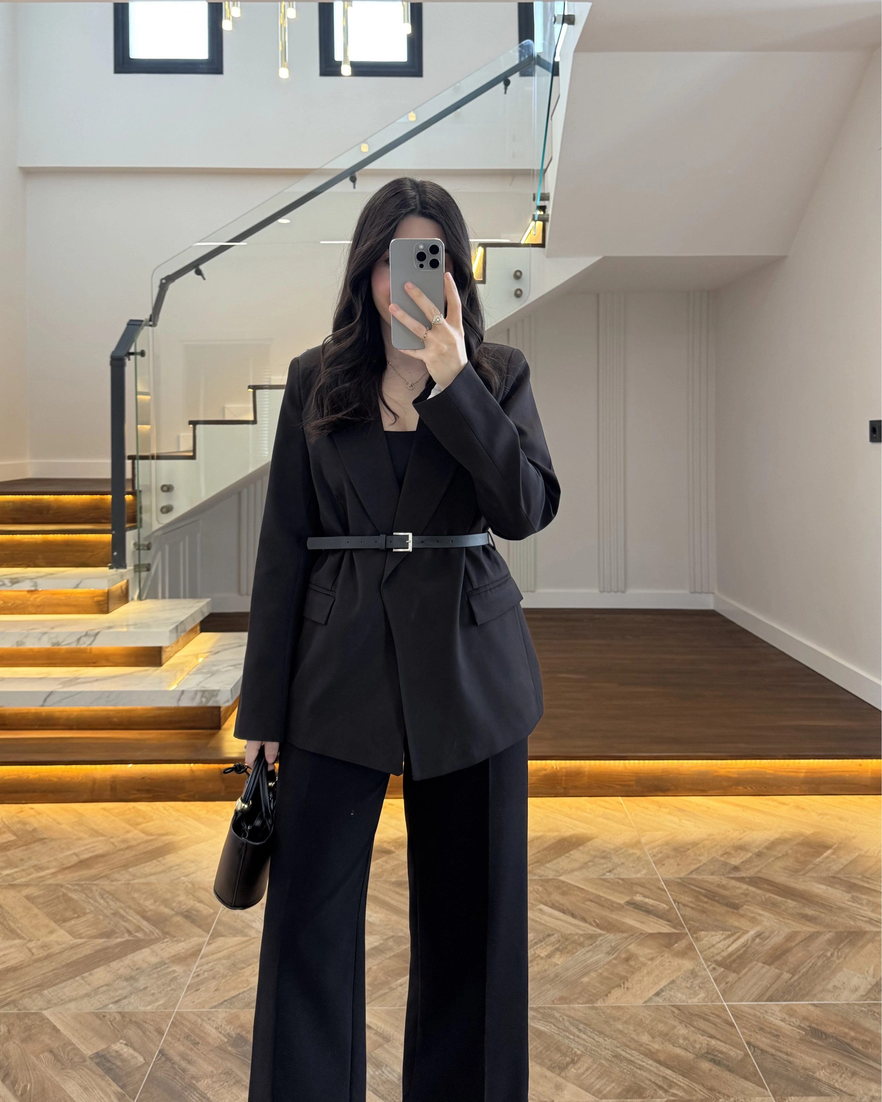 SİYAH KEMERLİ POLİVİSKON BLAZER CEKET-9700