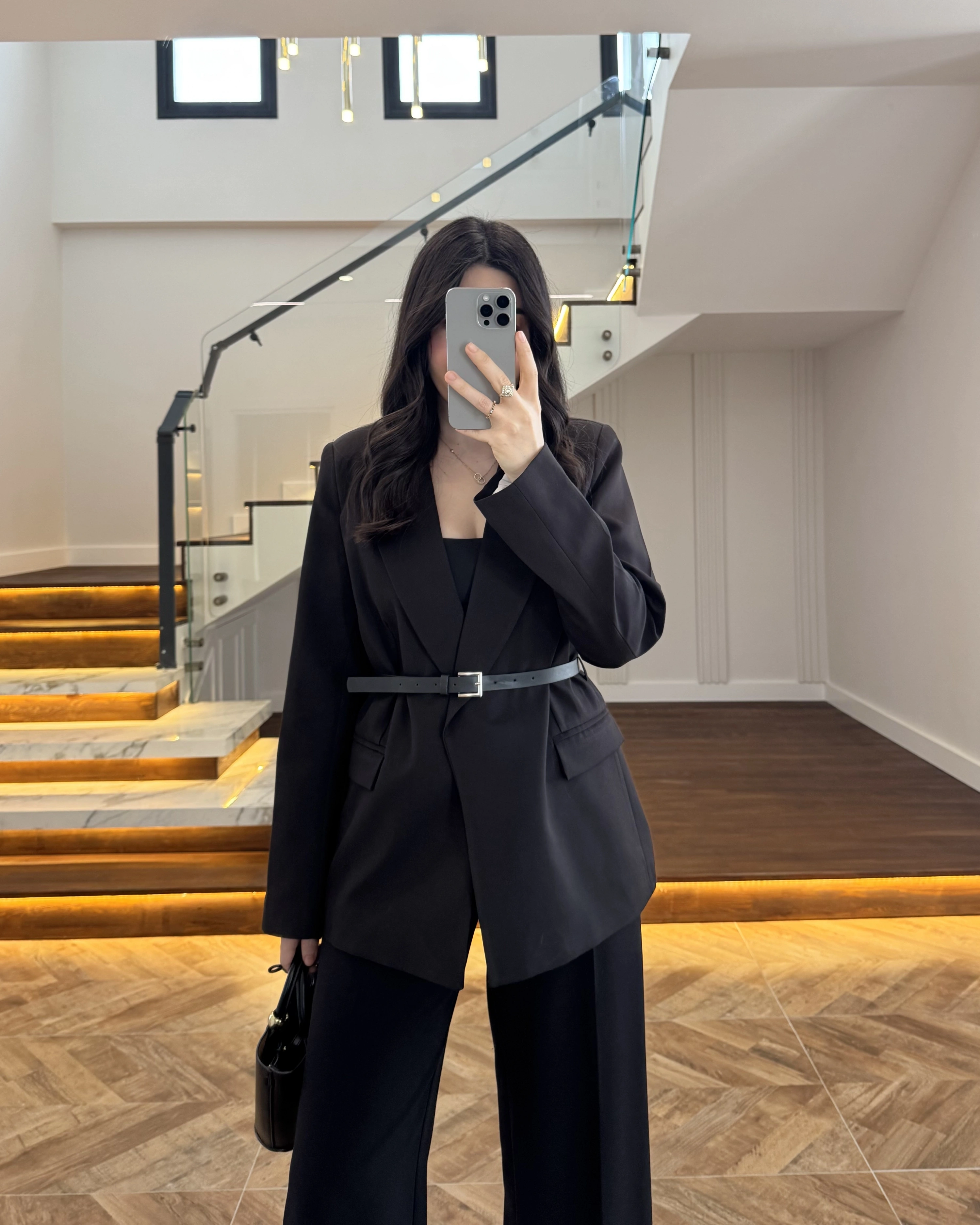 SİYAH KEMERLİ POLİVİSKON BLAZER CEKET-9700