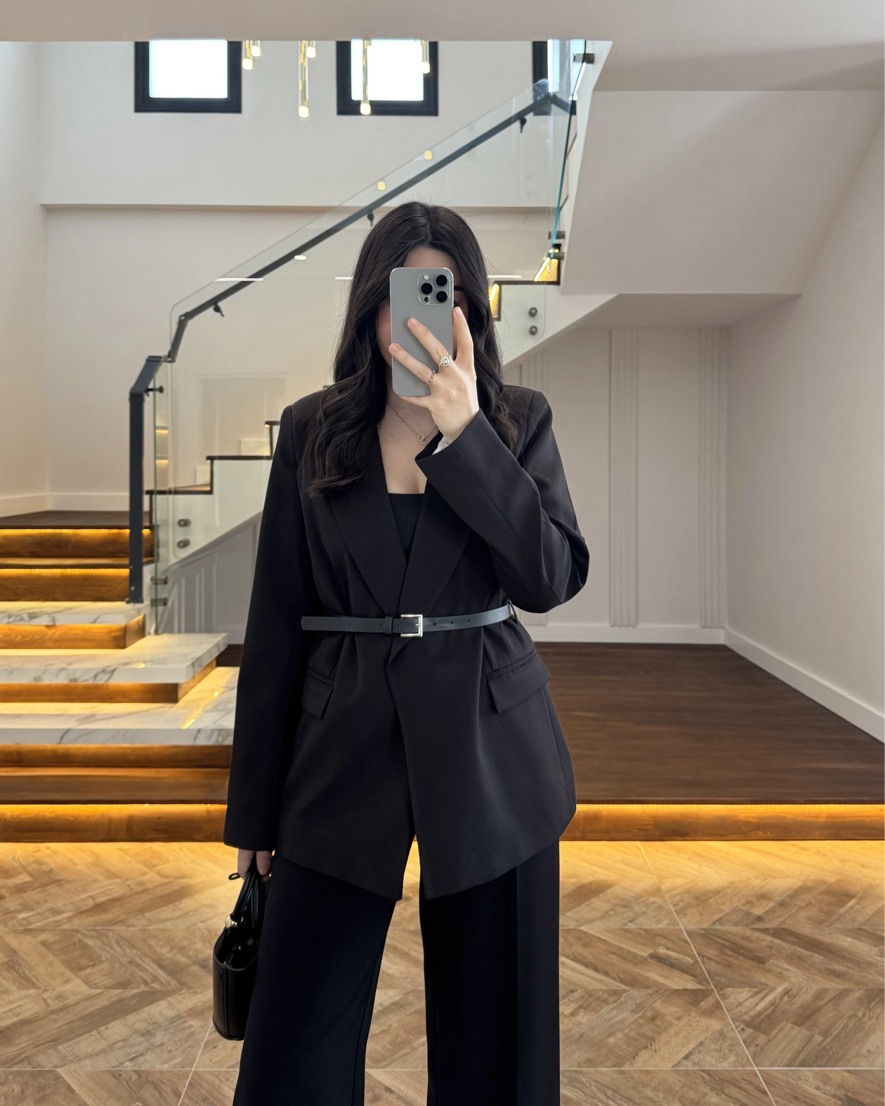 SİYAH KEMERLİ POLİVİSKON BLAZER CEKET-9700