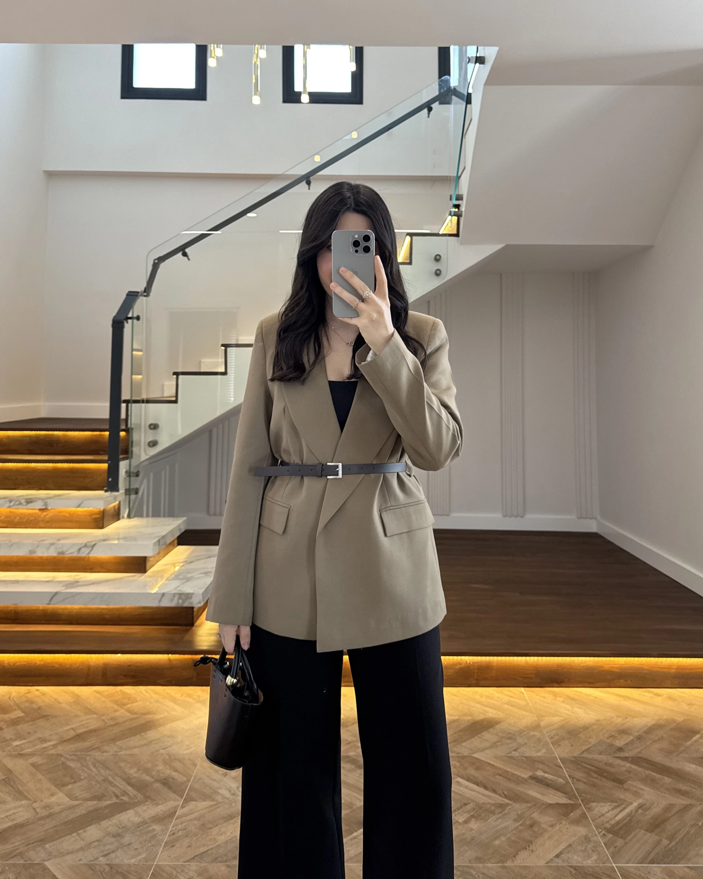 HAKİ KEMERLİ POLİVİSKON BLAZER CEKET-9700