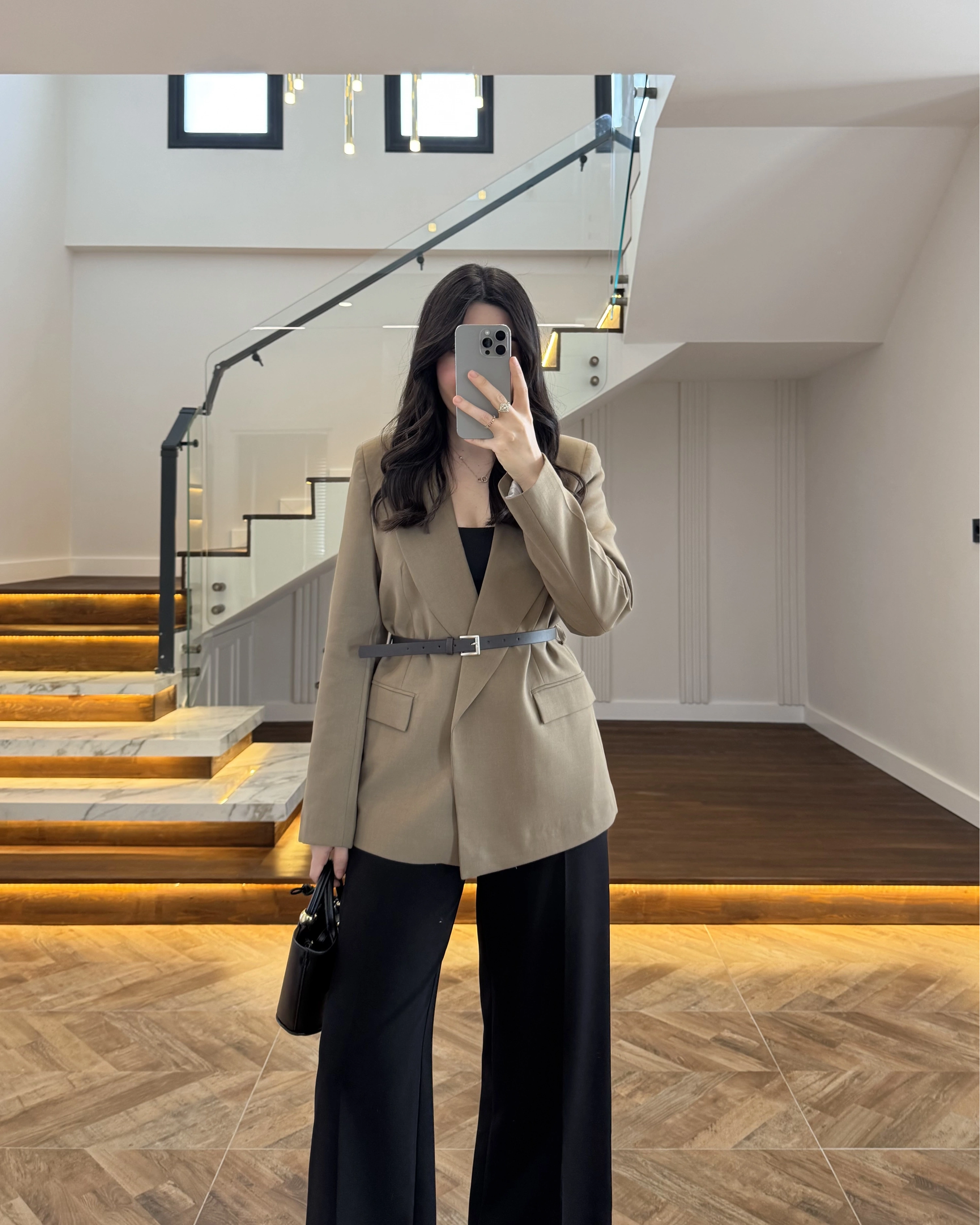 HAKİ KEMERLİ POLİVİSKON BLAZER CEKET-9700