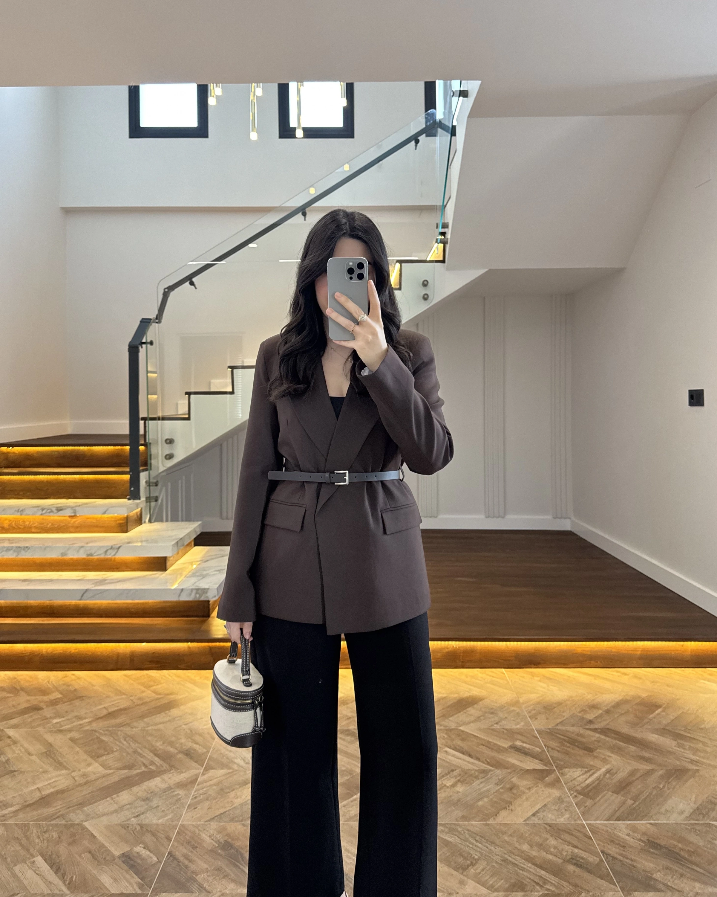 KAHVE KEMERLİ POLİVİSKON BLAZER CEKET-9700