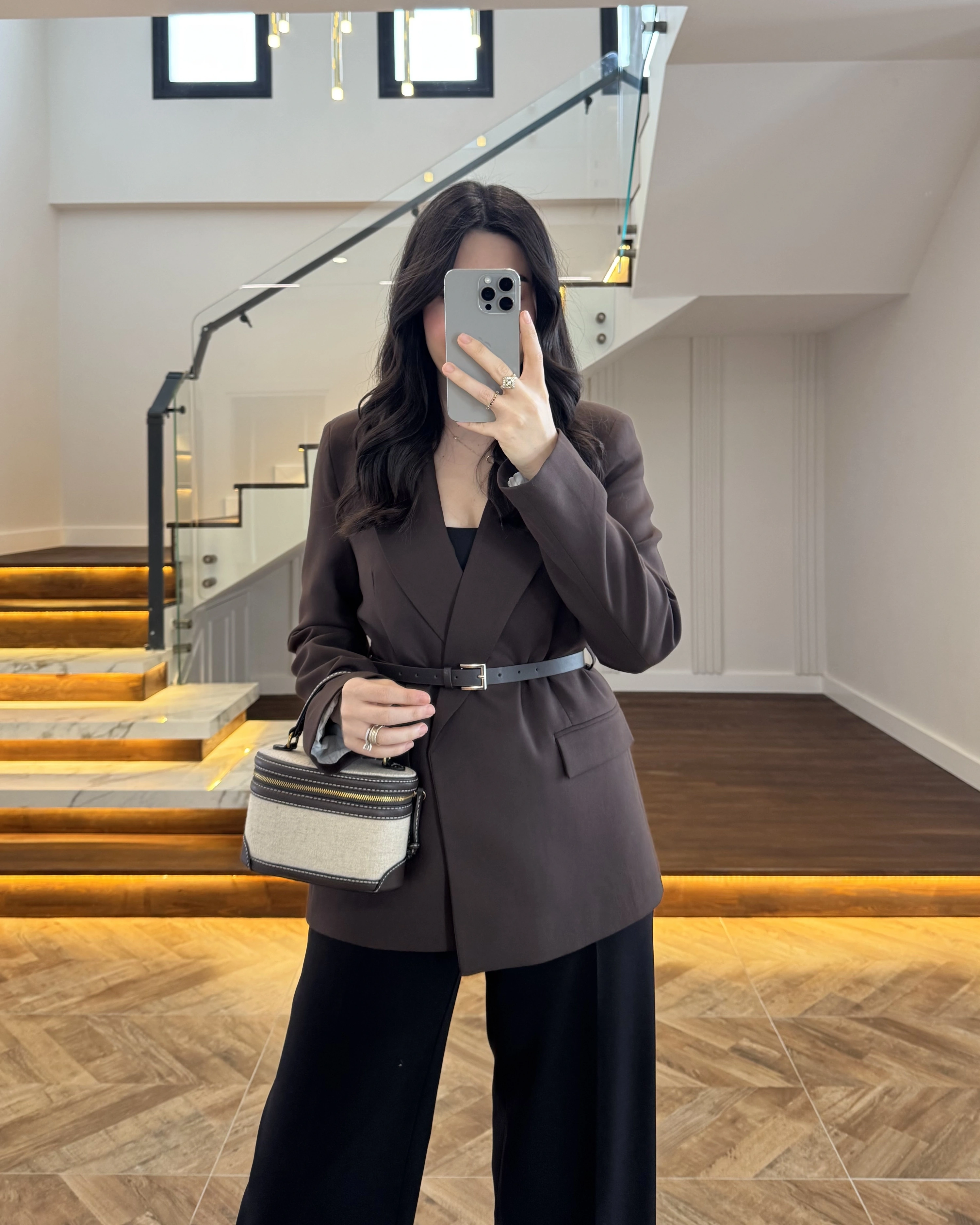 KAHVE KEMERLİ POLİVİSKON BLAZER CEKET-9700