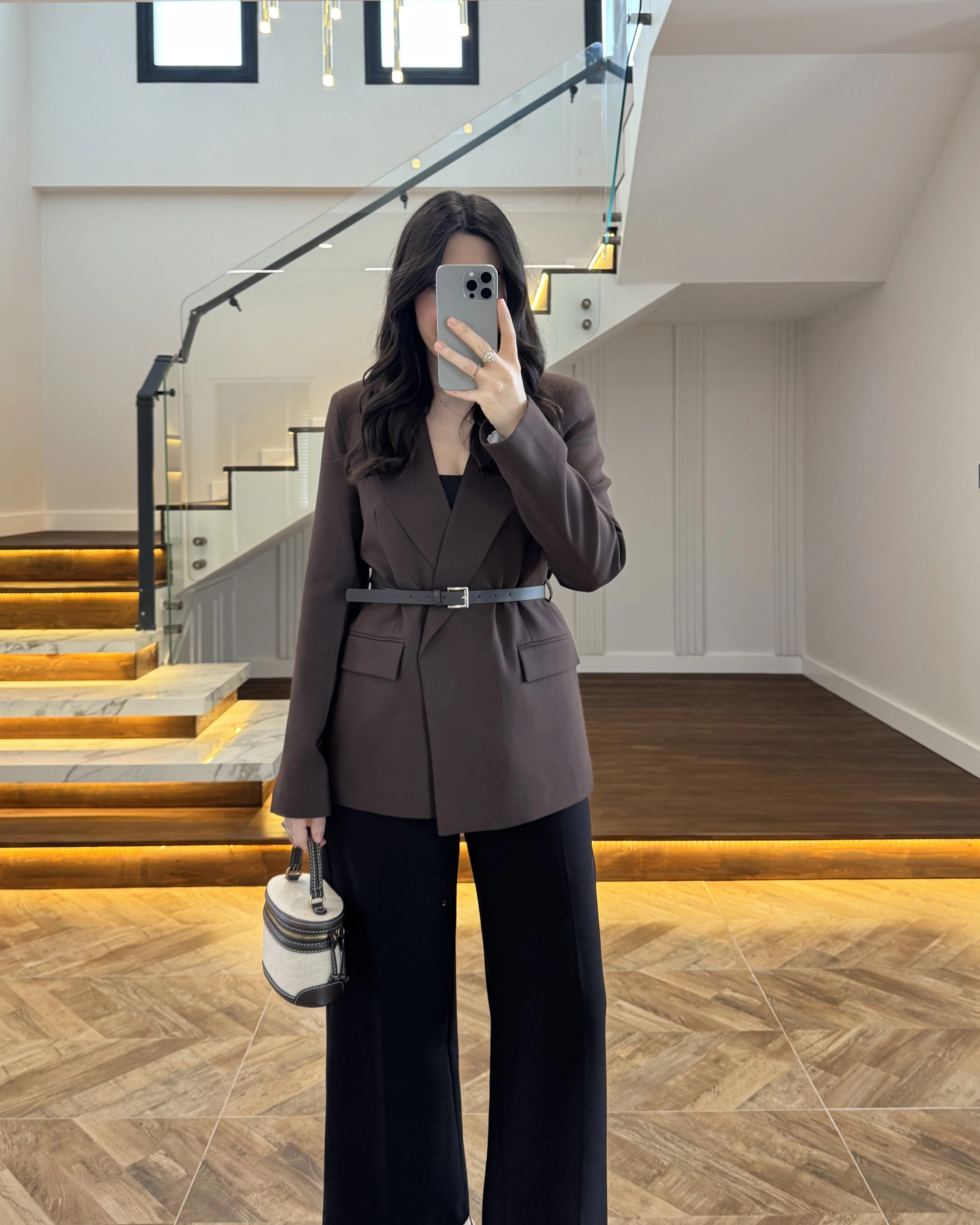 KAHVE KEMERLİ POLİVİSKON BLAZER CEKET-9700