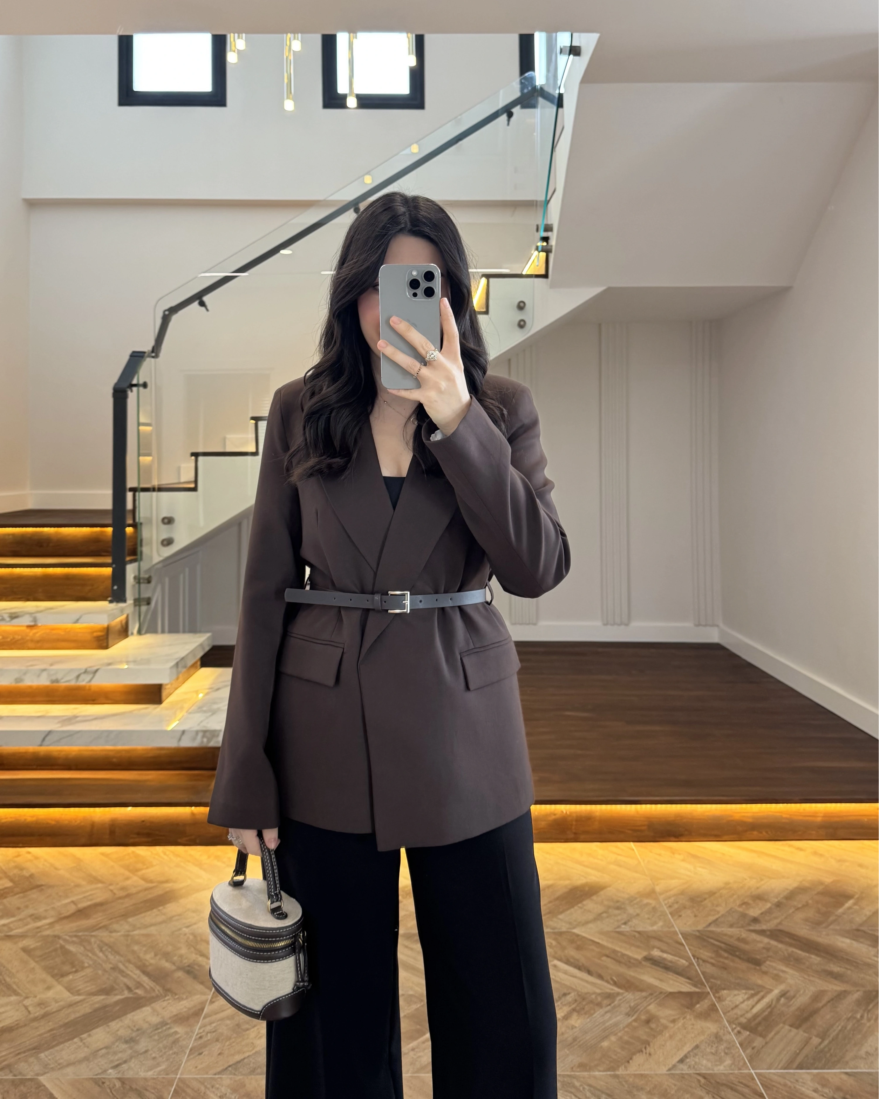 KAHVE KEMERLİ POLİVİSKON BLAZER CEKET-9700