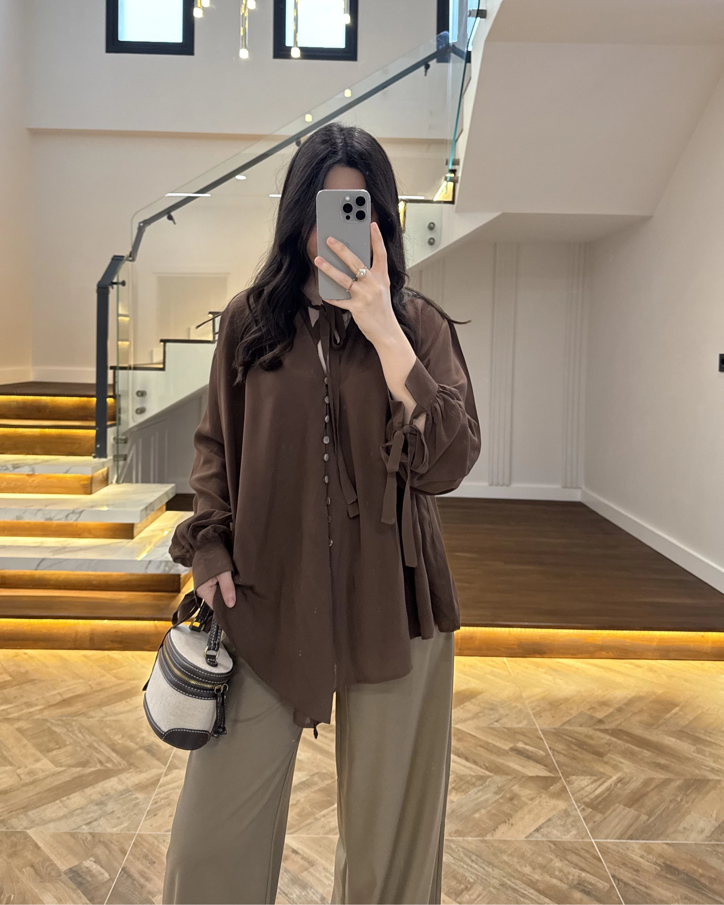 OVERSİZE BAĞLAMA DETAYLI GÖMLEK KAHVE-4988