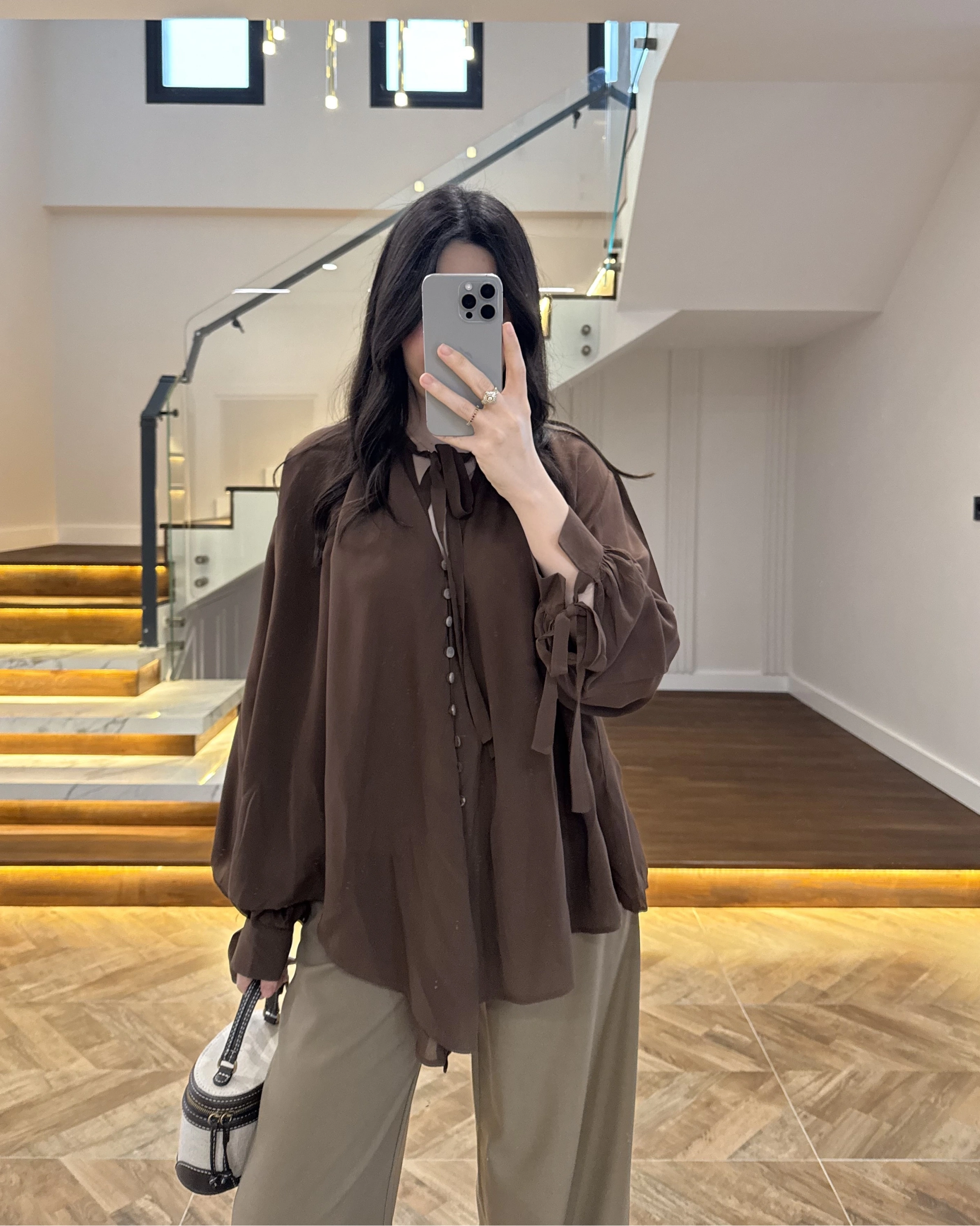 OVERSİZE BAĞLAMA DETAYLI GÖMLEK KAHVE-4988