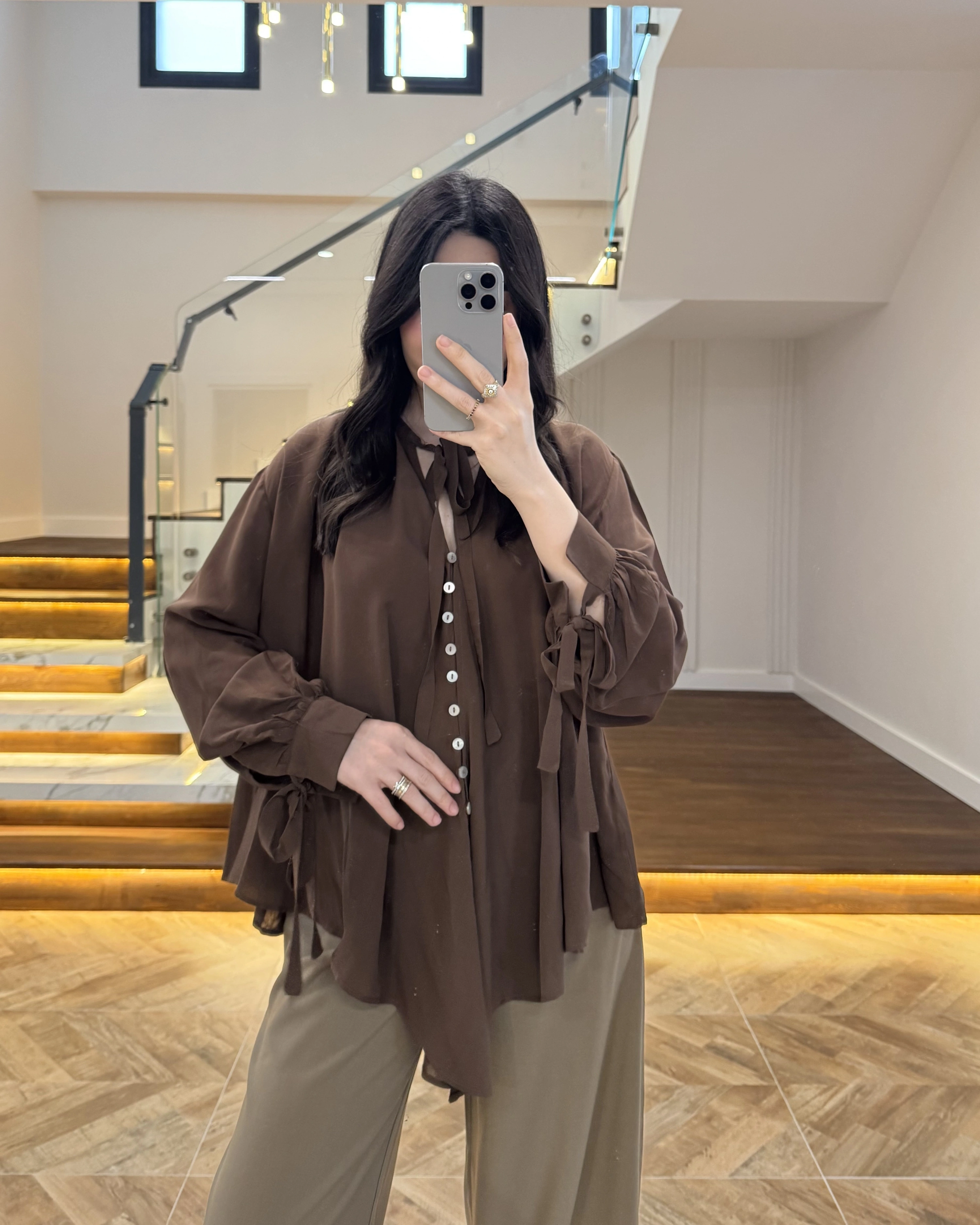 OVERSİZE BAĞLAMA DETAYLI GÖMLEK KAHVE-4988