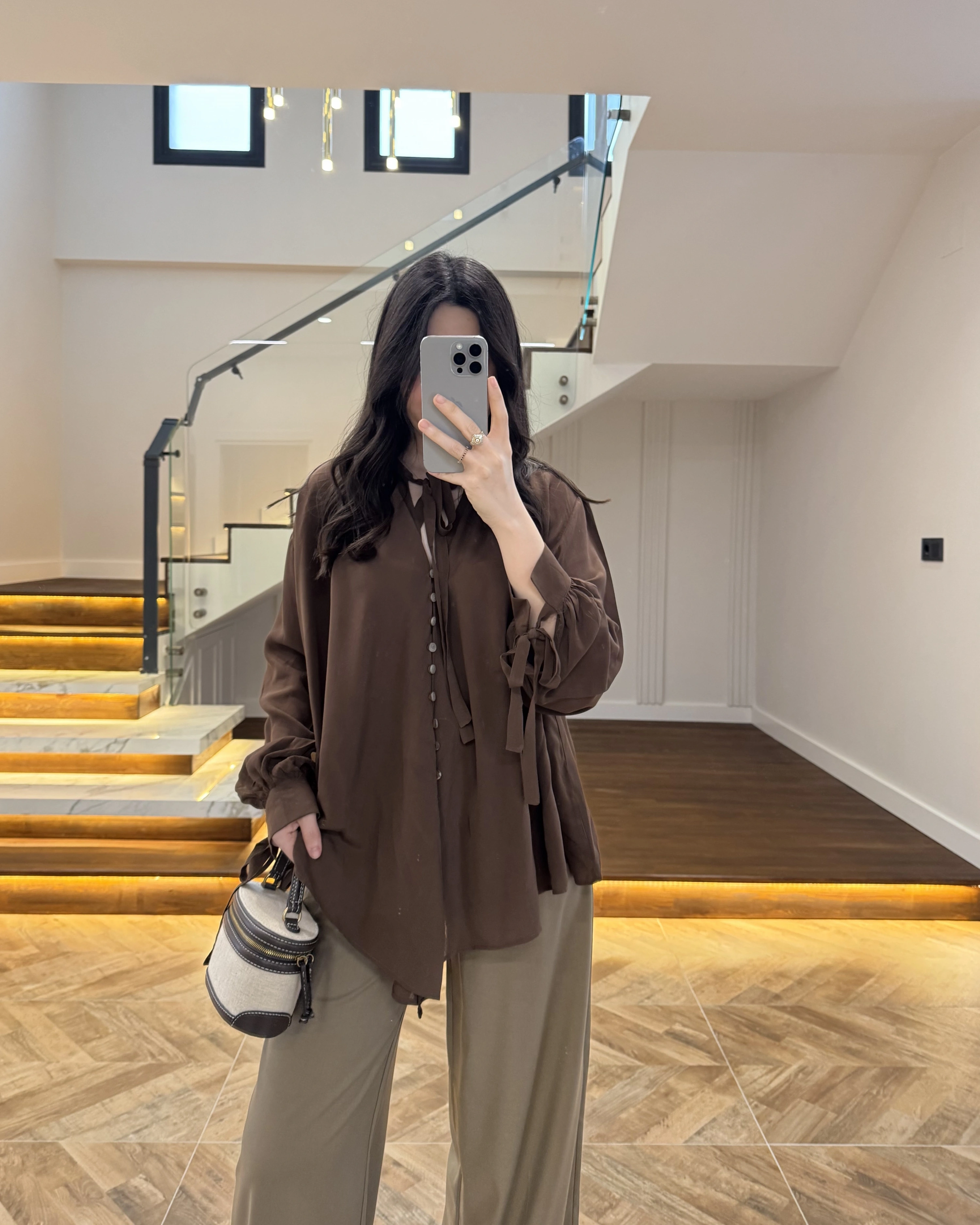 OVERSİZE BAĞLAMA DETAYLI GÖMLEK KAHVE-4988