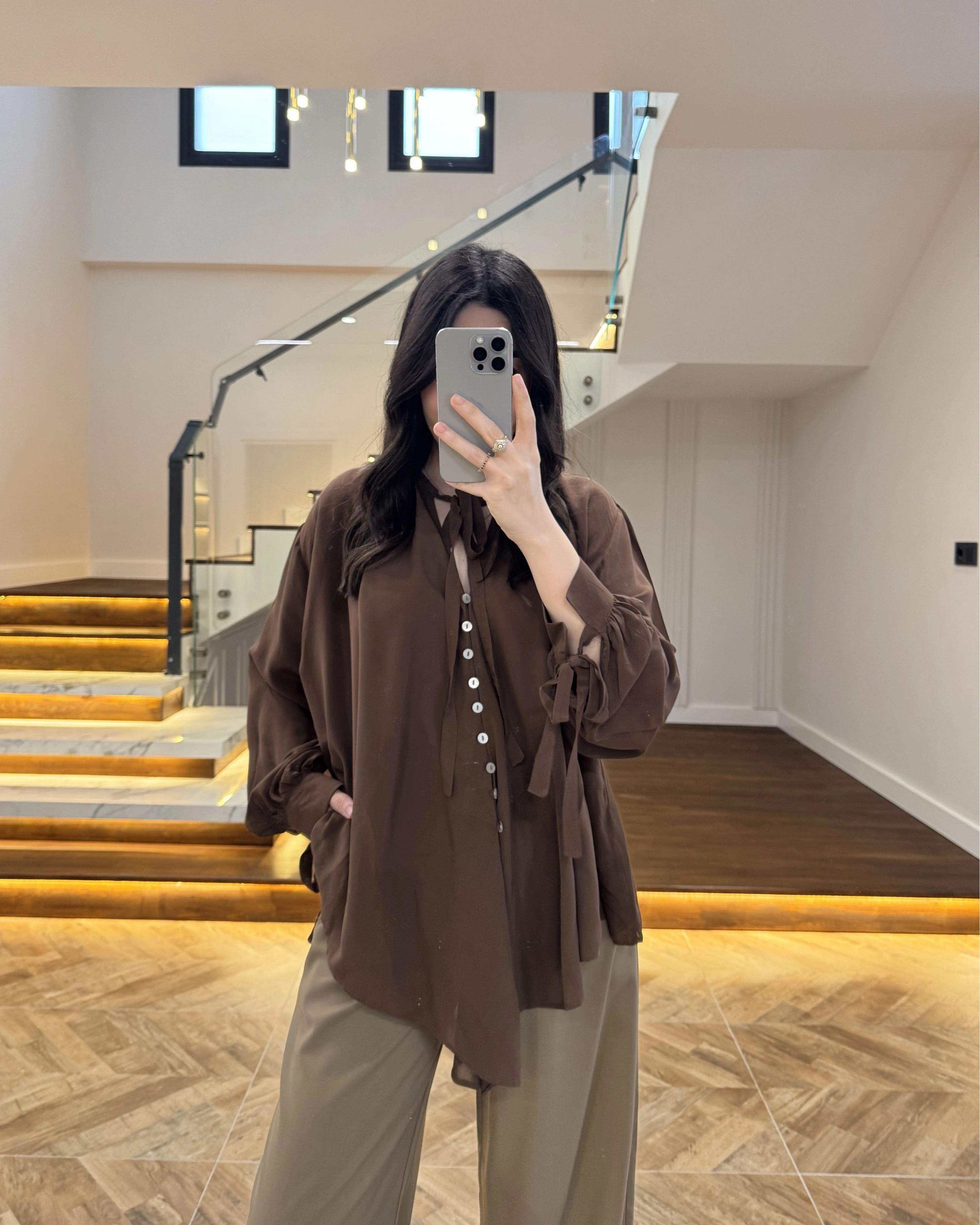 OVERSİZE BAĞLAMA DETAYLI GÖMLEK KAHVE-4988