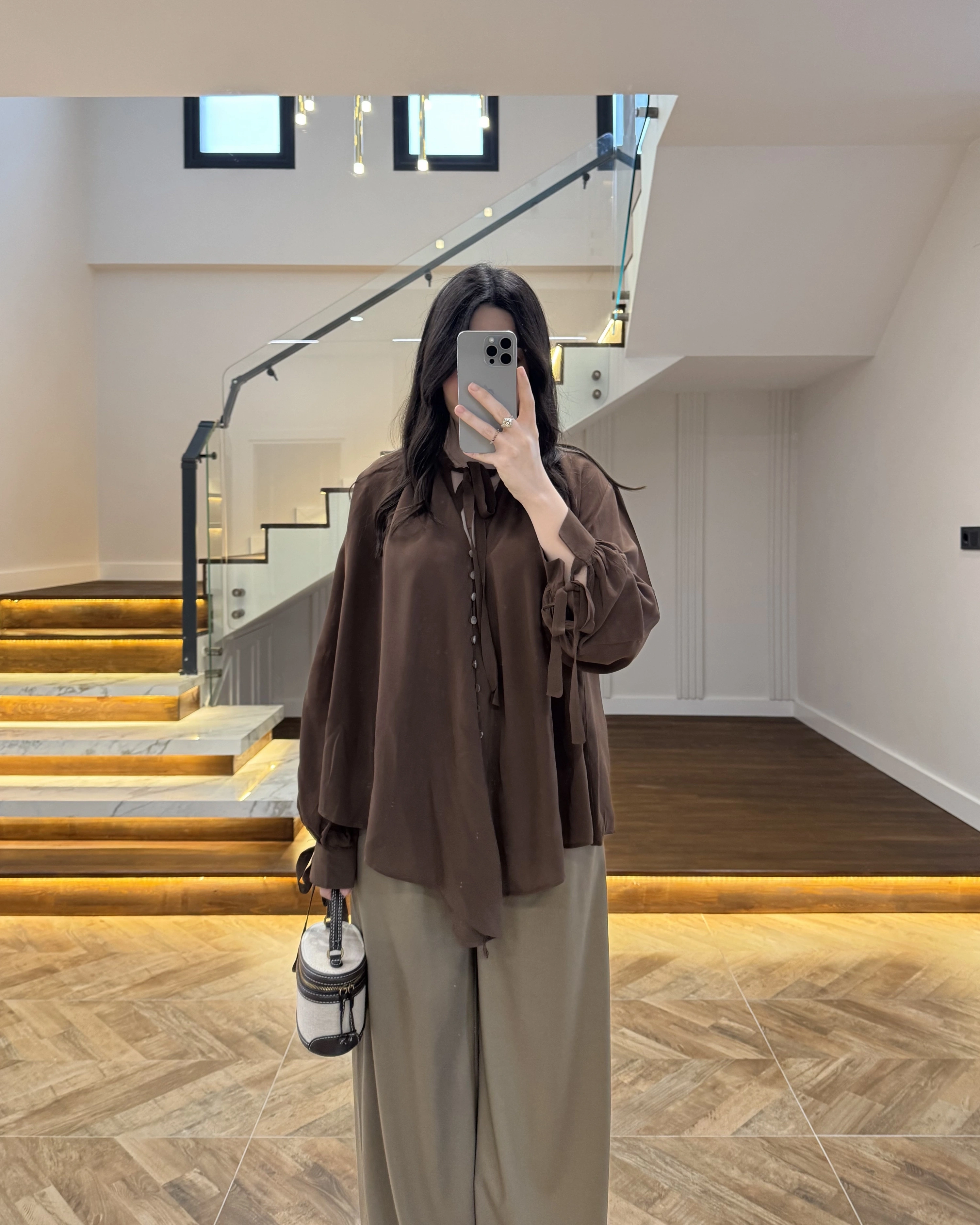 OVERSİZE BAĞLAMA DETAYLI GÖMLEK KAHVE-4988