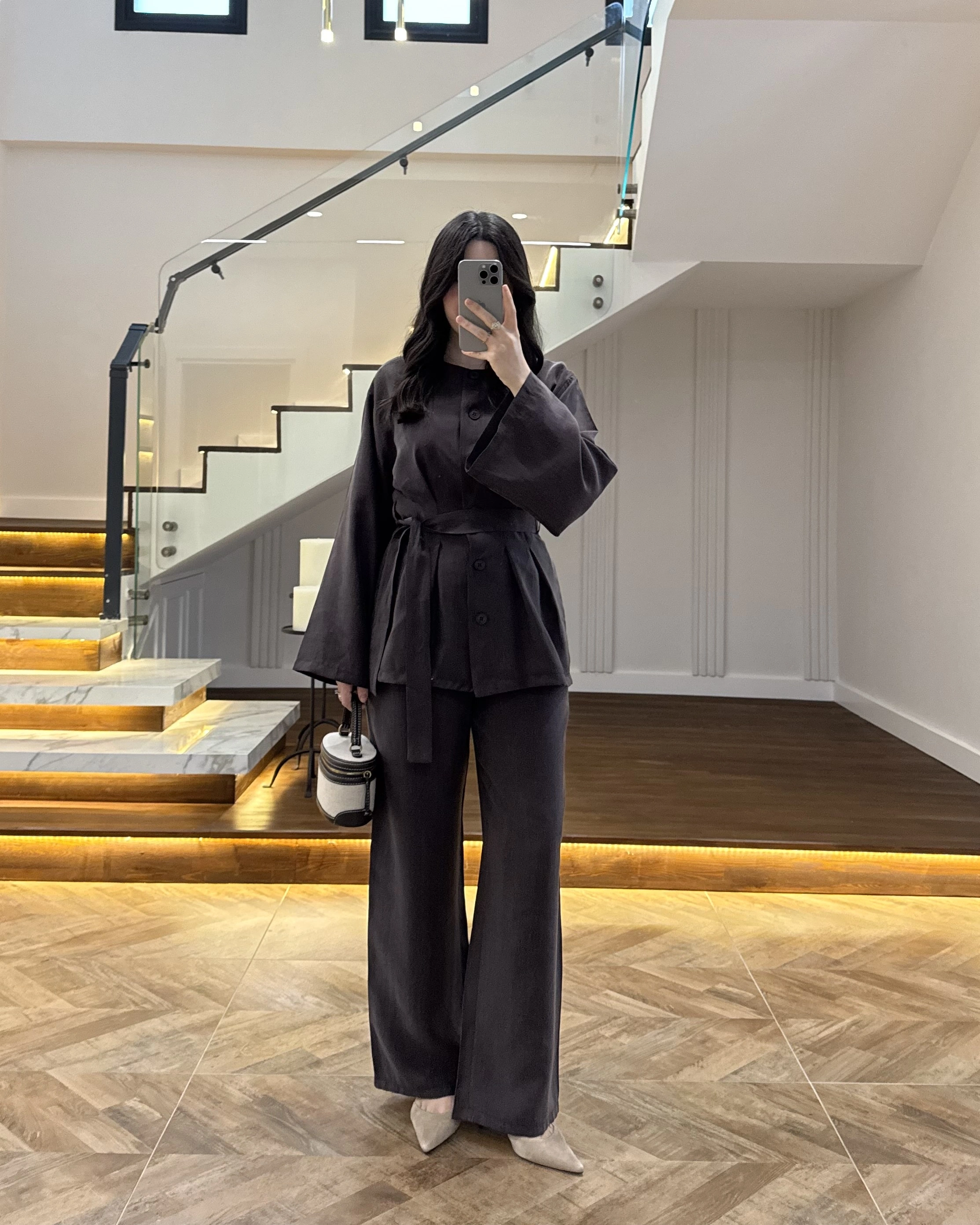 KAHVE PİLE DETAY KUŞAKLI TAKIM -8926