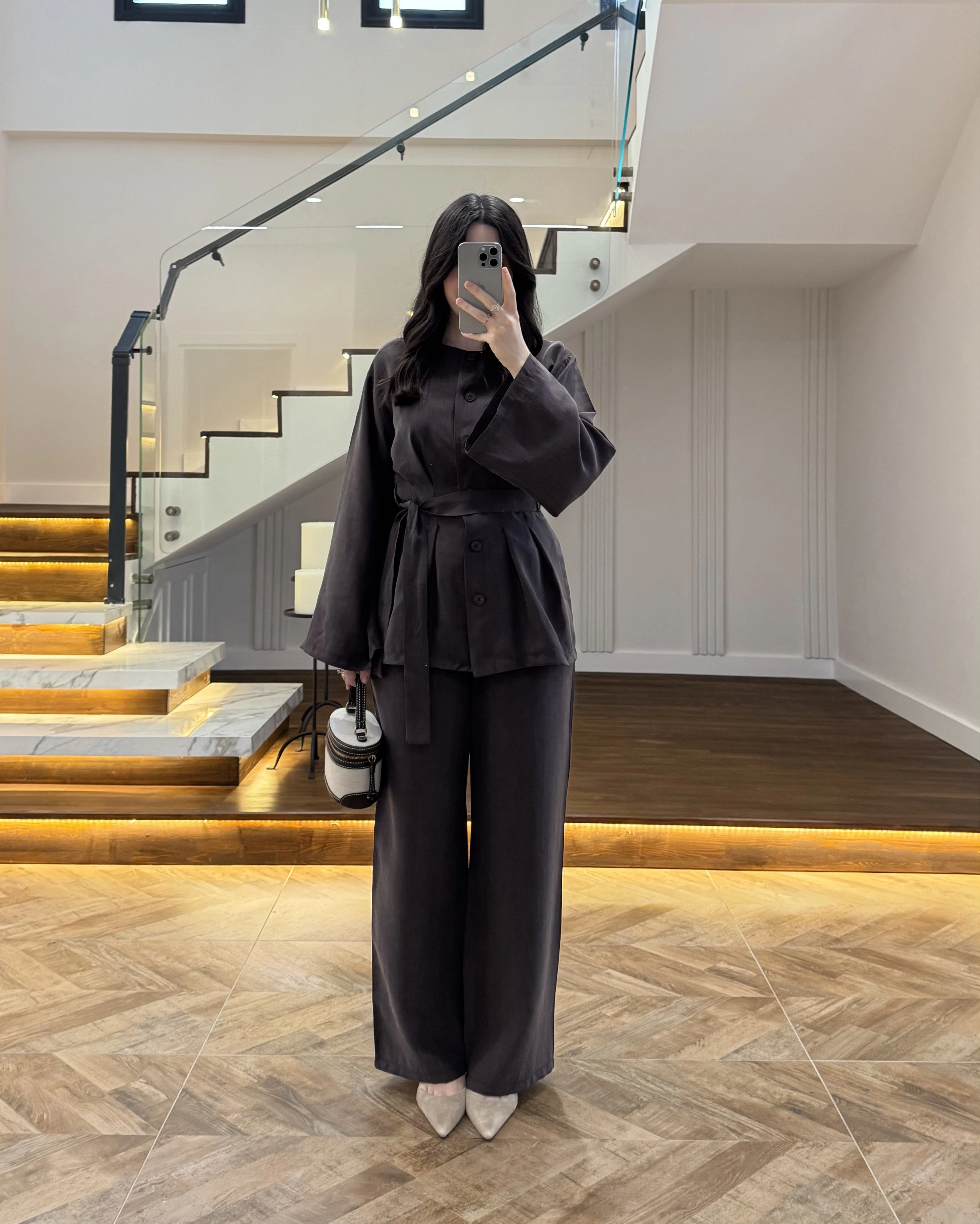 KAHVE PİLE DETAY KUŞAKLI TAKIM -8926