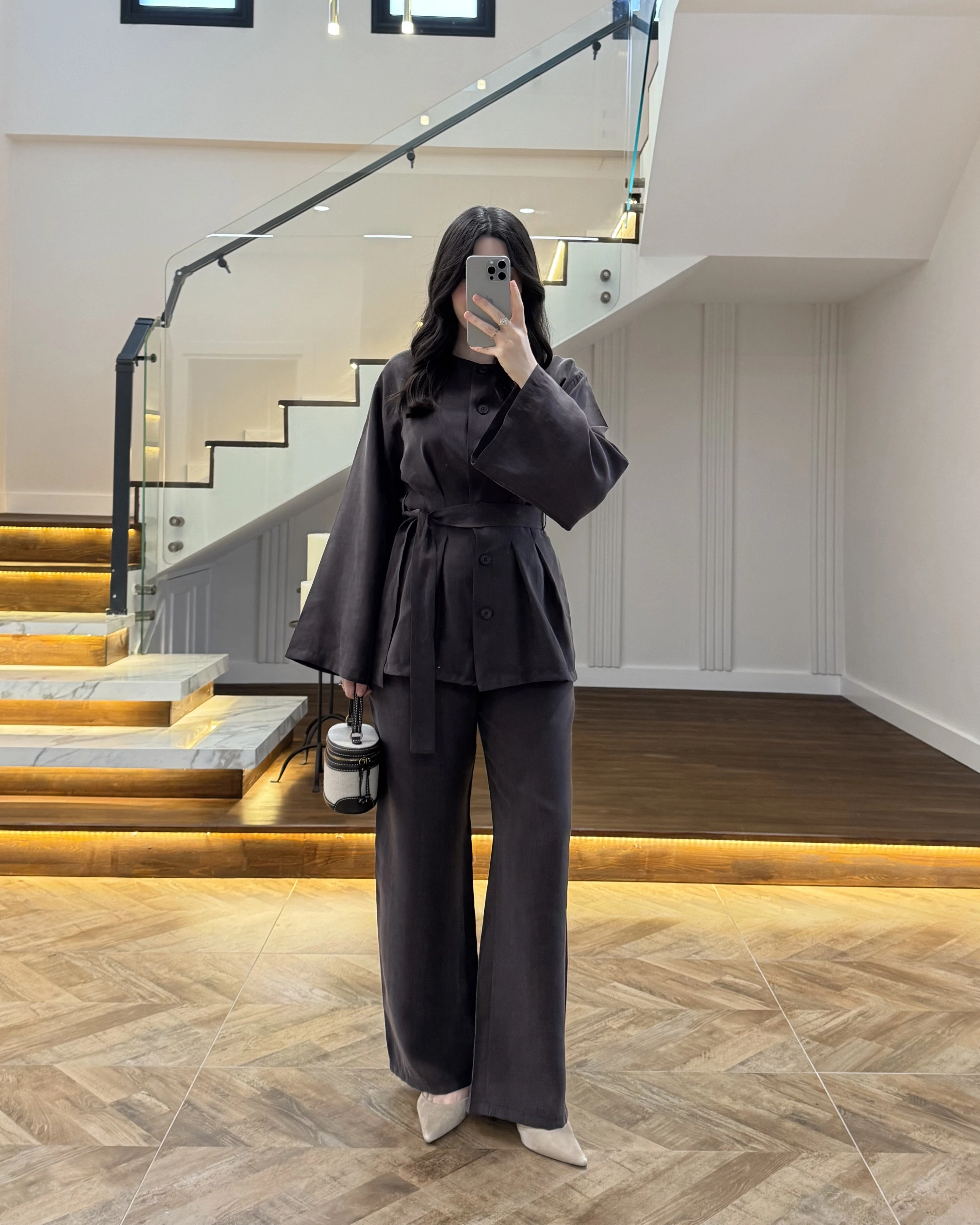 KAHVE PİLE DETAY KUŞAKLI TAKIM -8926