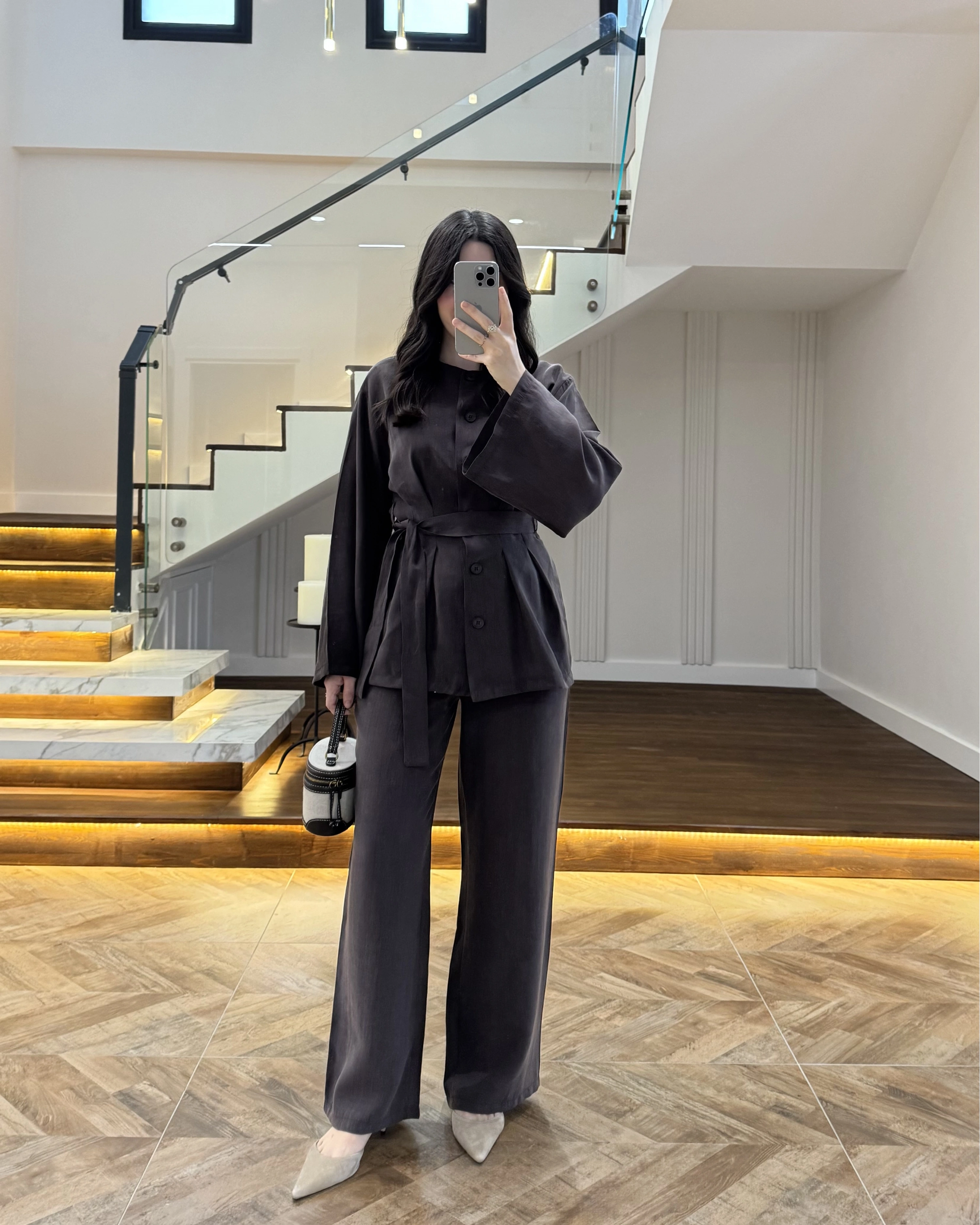 KAHVE PİLE DETAY KUŞAKLI TAKIM -8926