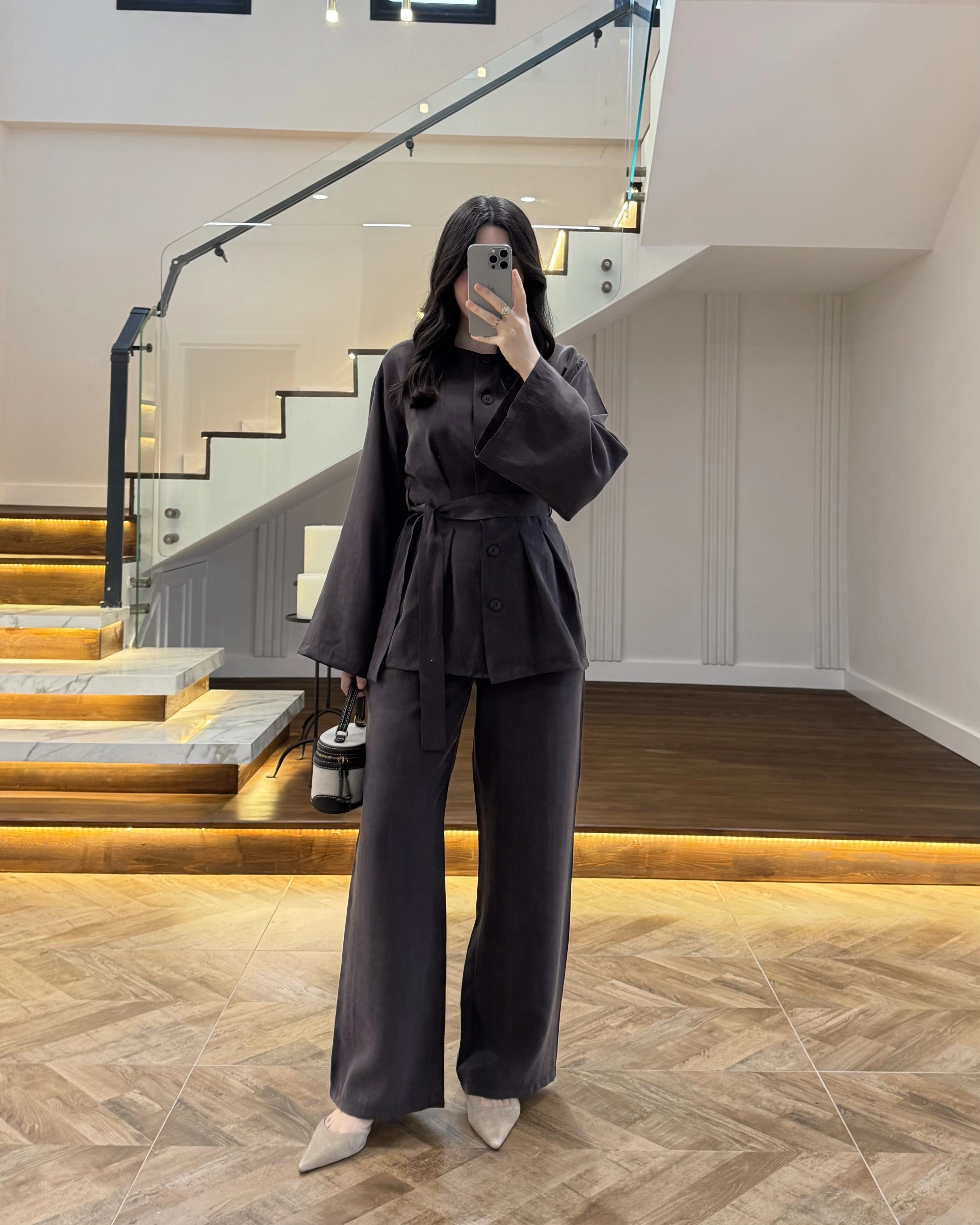 KAHVE PİLE DETAY KUŞAKLI TAKIM -8926