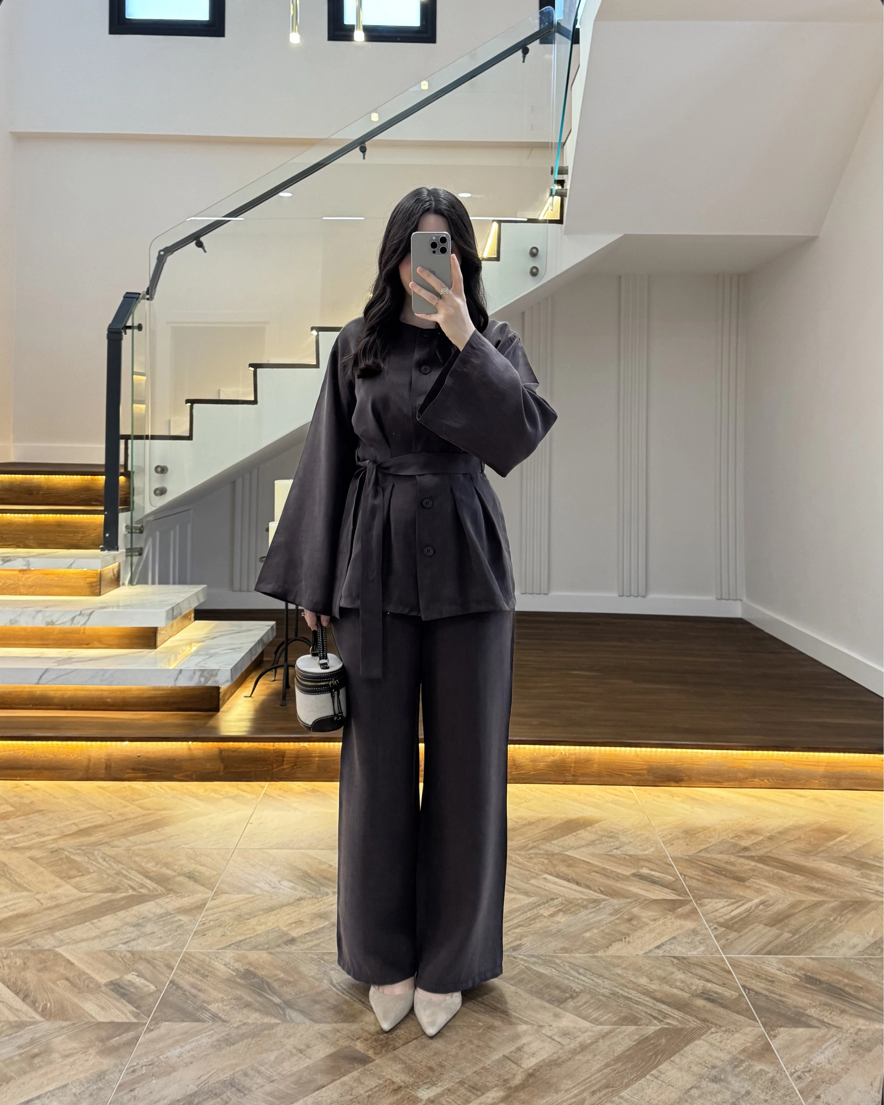 KAHVE PİLE DETAY KUŞAKLI TAKIM -8926