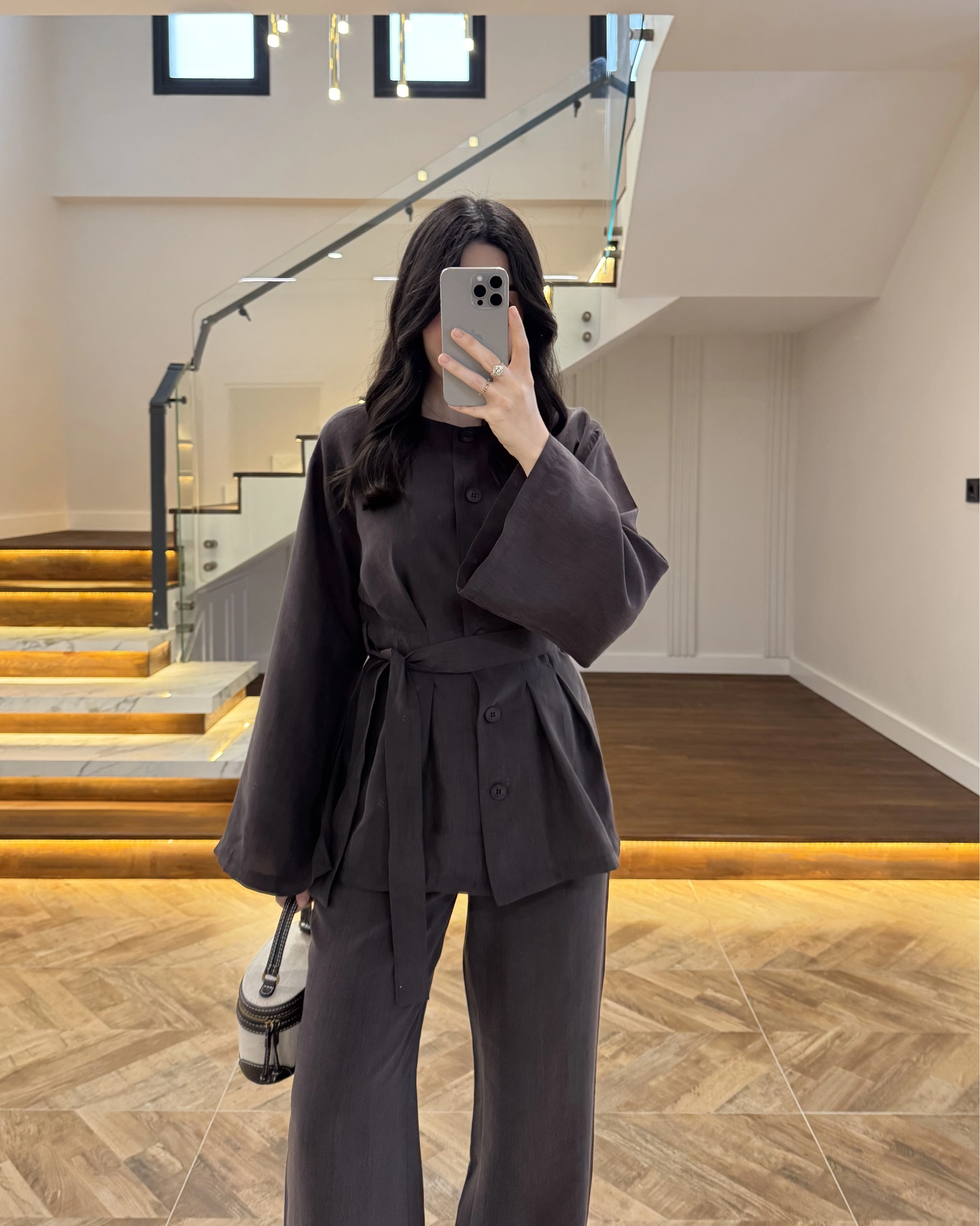 KAHVE PİLE DETAY KUŞAKLI TAKIM -8926