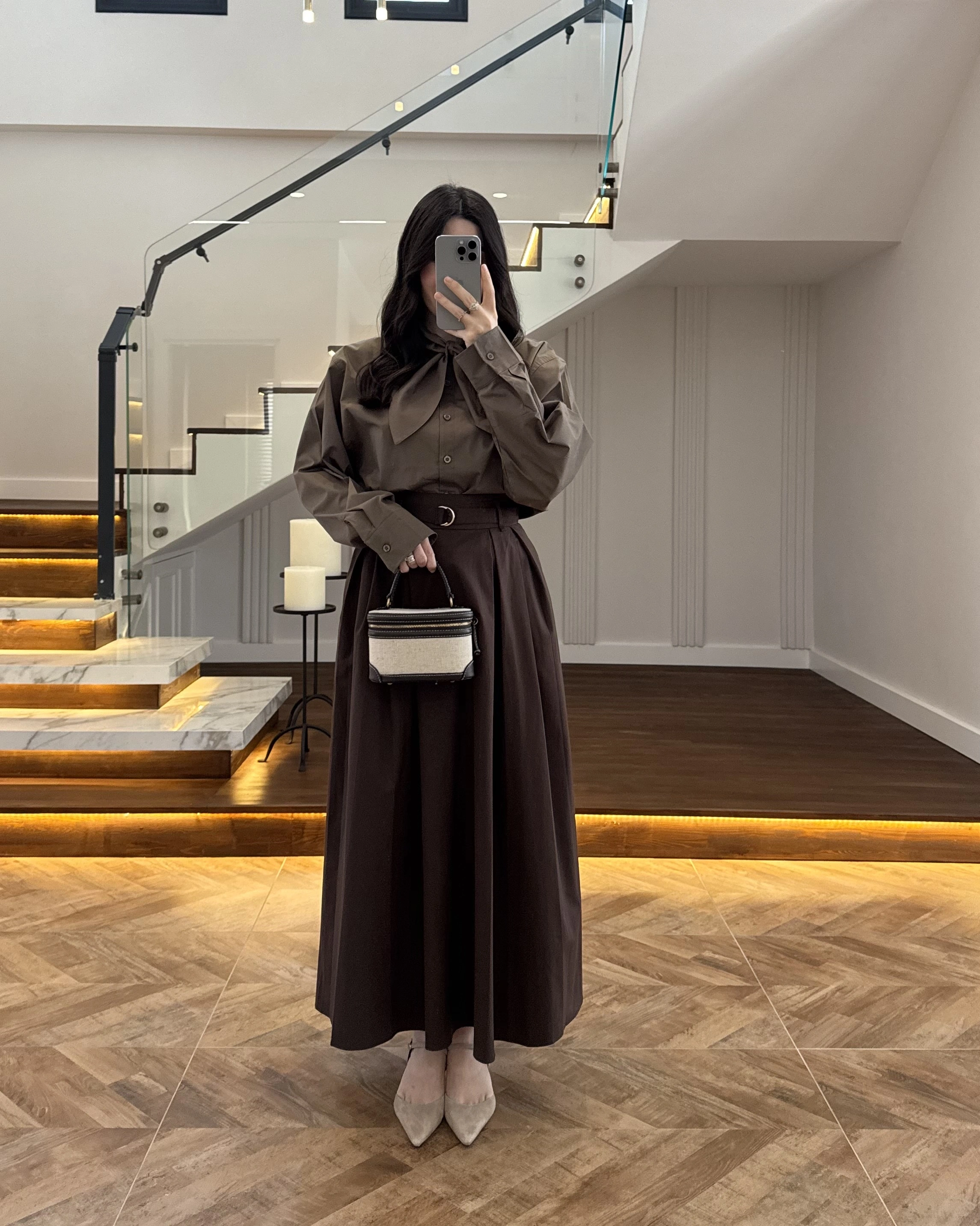 KAHVE PİLELİ KEMERLİ ETEK -1287