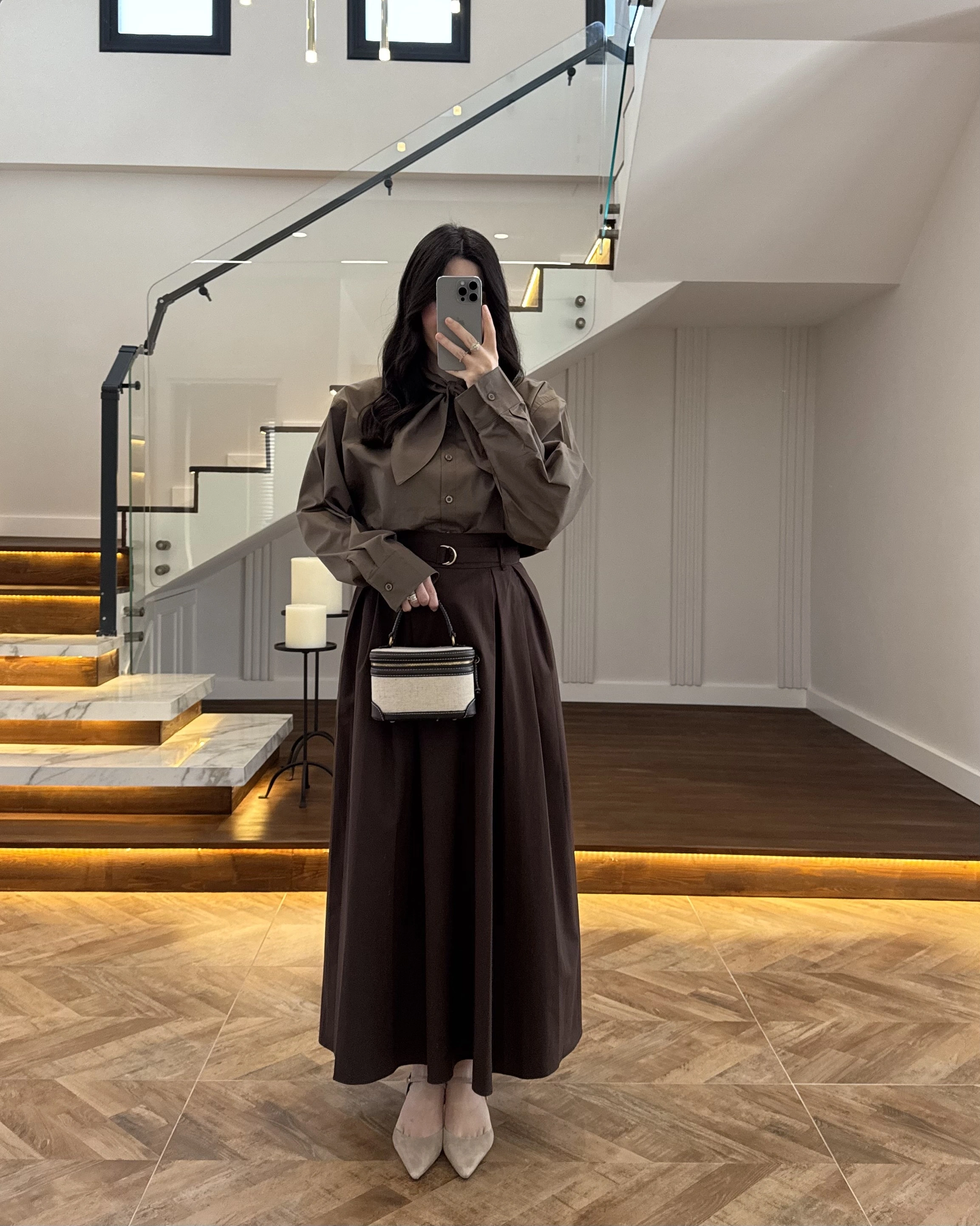 KAHVE PİLELİ KEMERLİ ETEK -1287