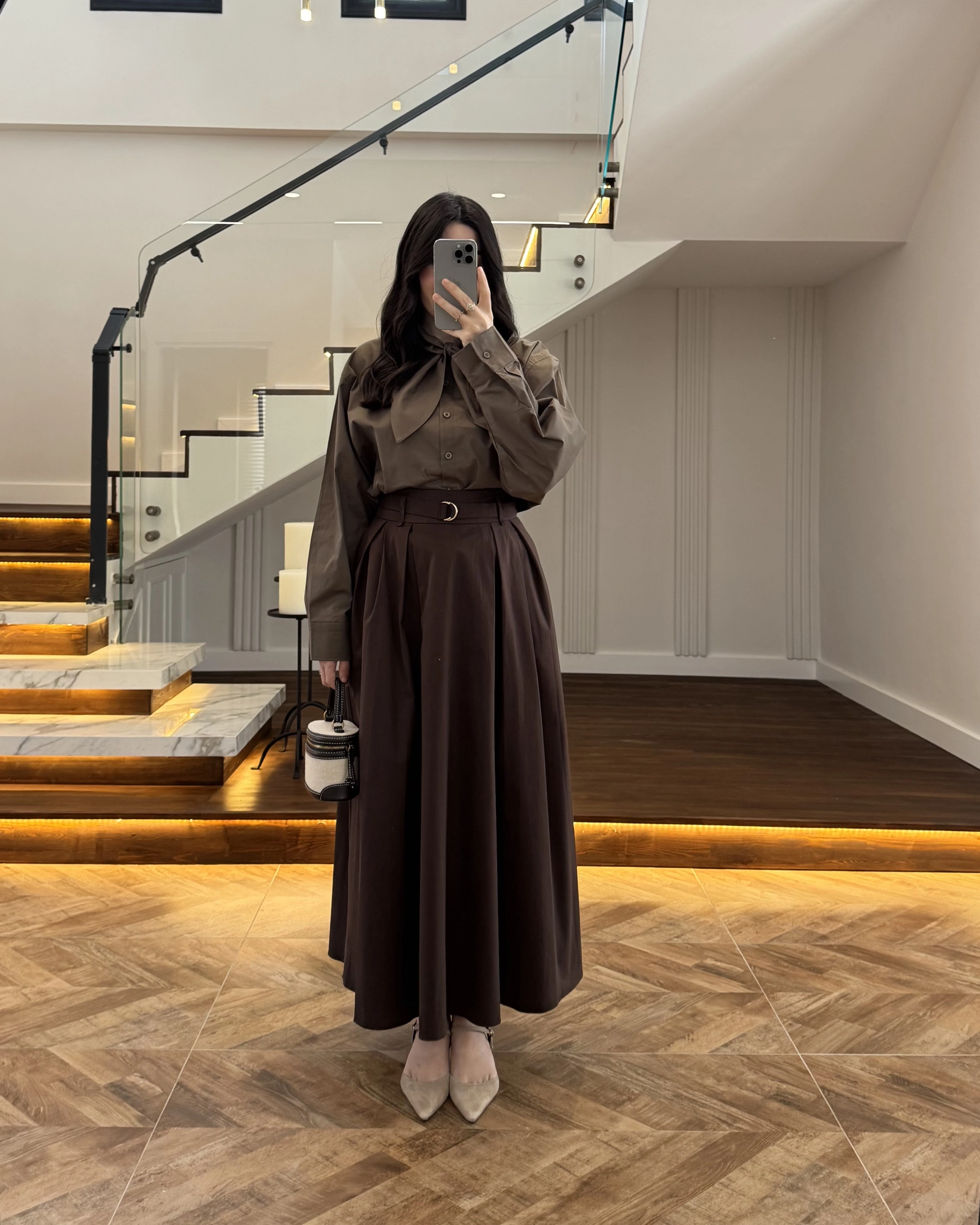 KAHVE PİLELİ KEMERLİ ETEK -1287