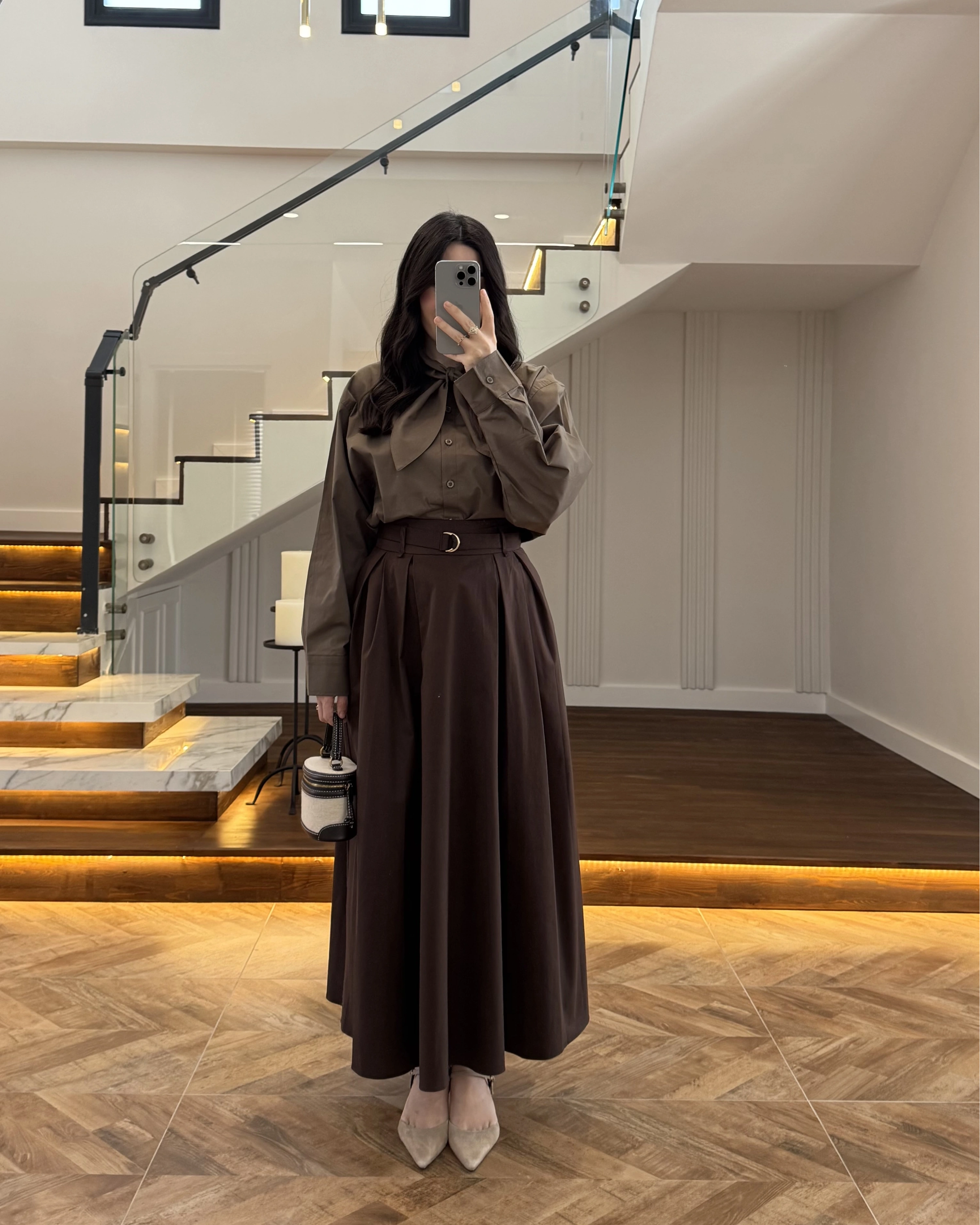 KAHVE PİLELİ KEMERLİ ETEK -1287