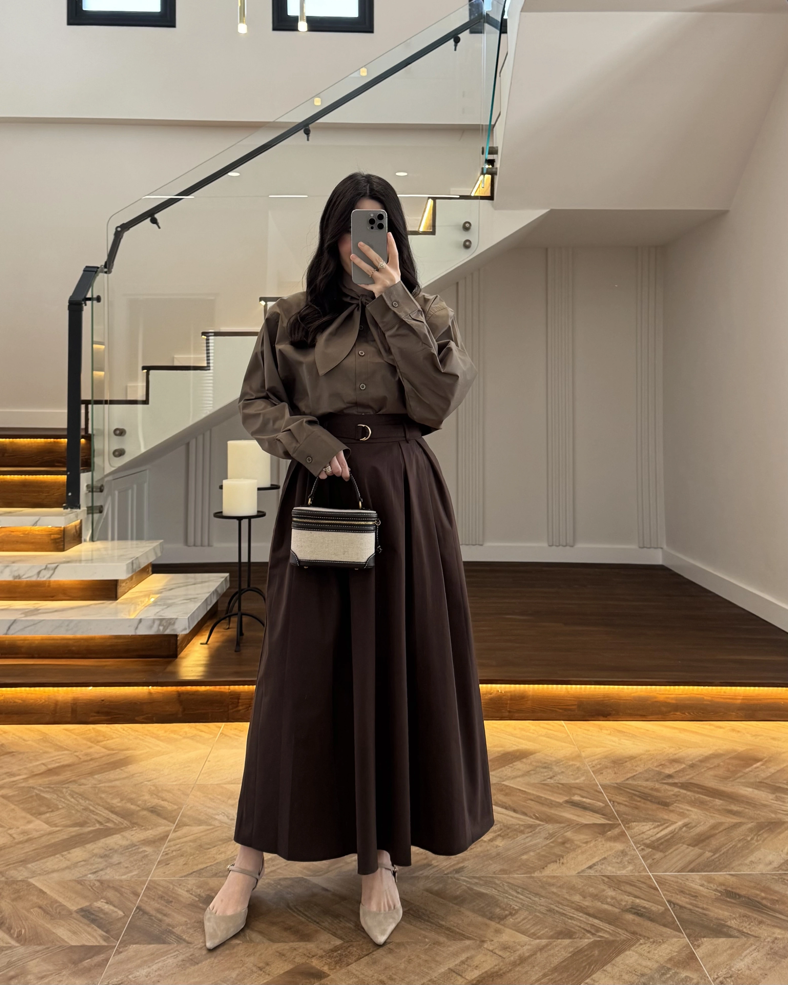 KAHVE PİLELİ KEMERLİ ETEK -1287