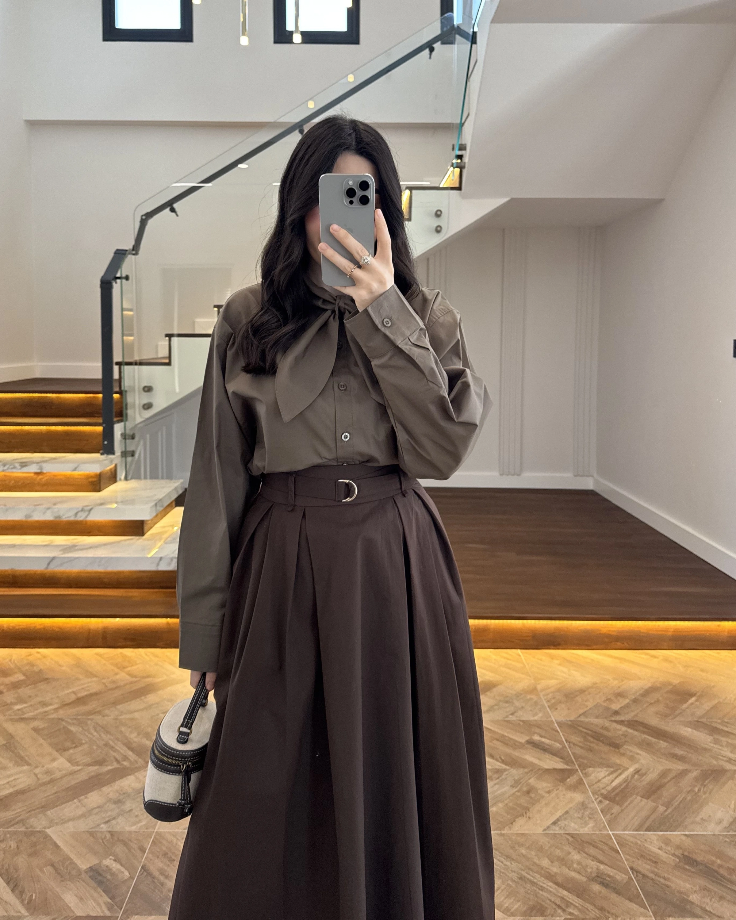 KAHVE PİLELİ KEMERLİ ETEK -1287