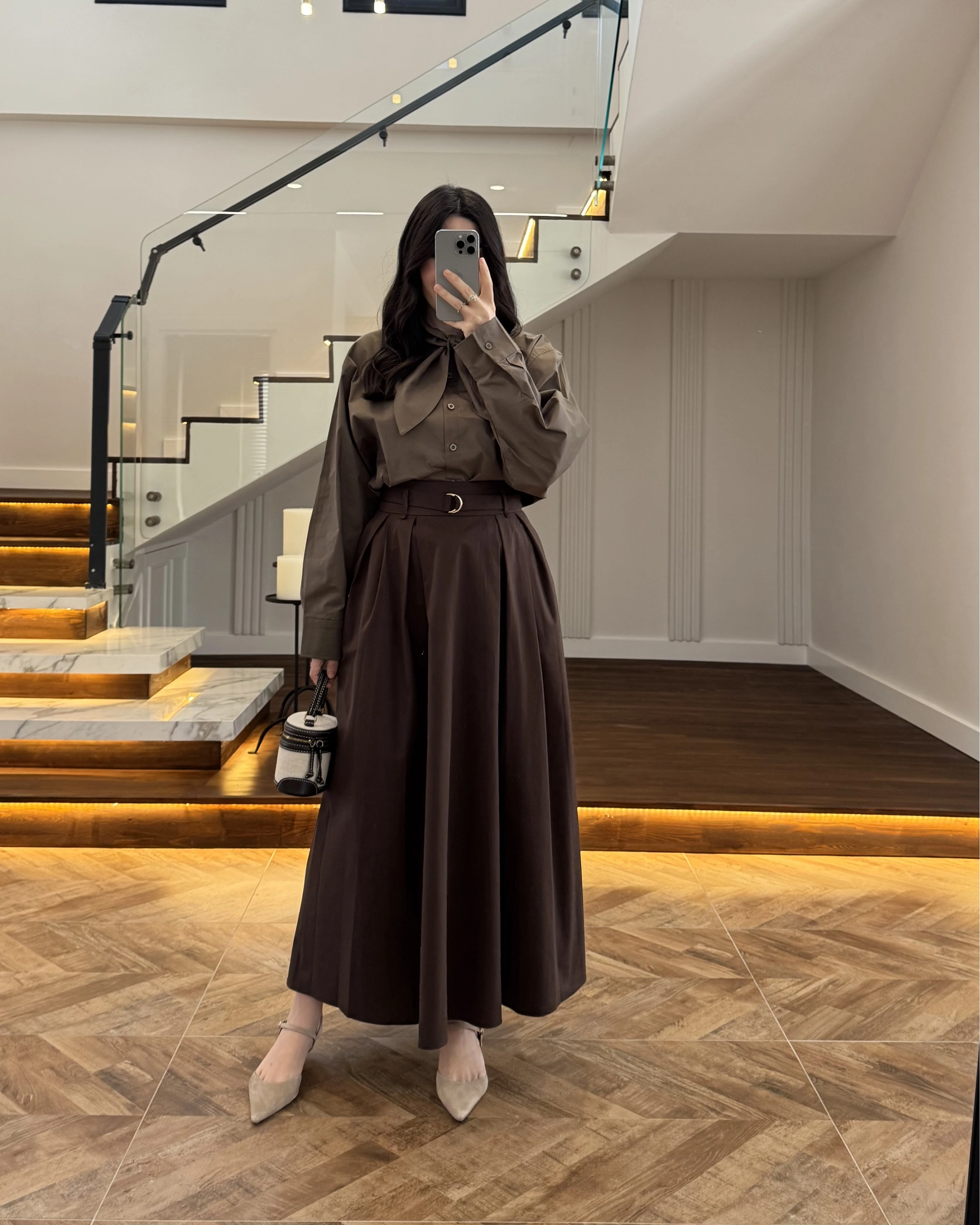 KAHVE PİLELİ KEMERLİ ETEK -1287