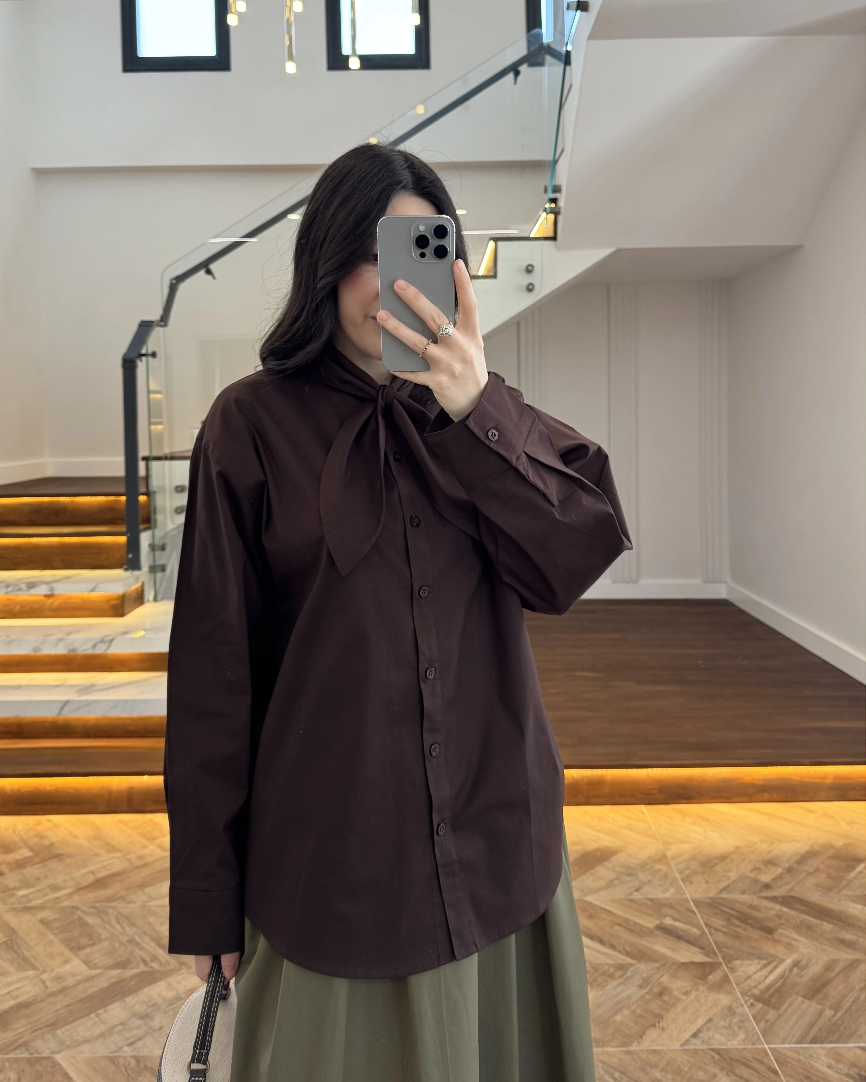 KAHVE FULAR YAKALI GÖMLEK -5407