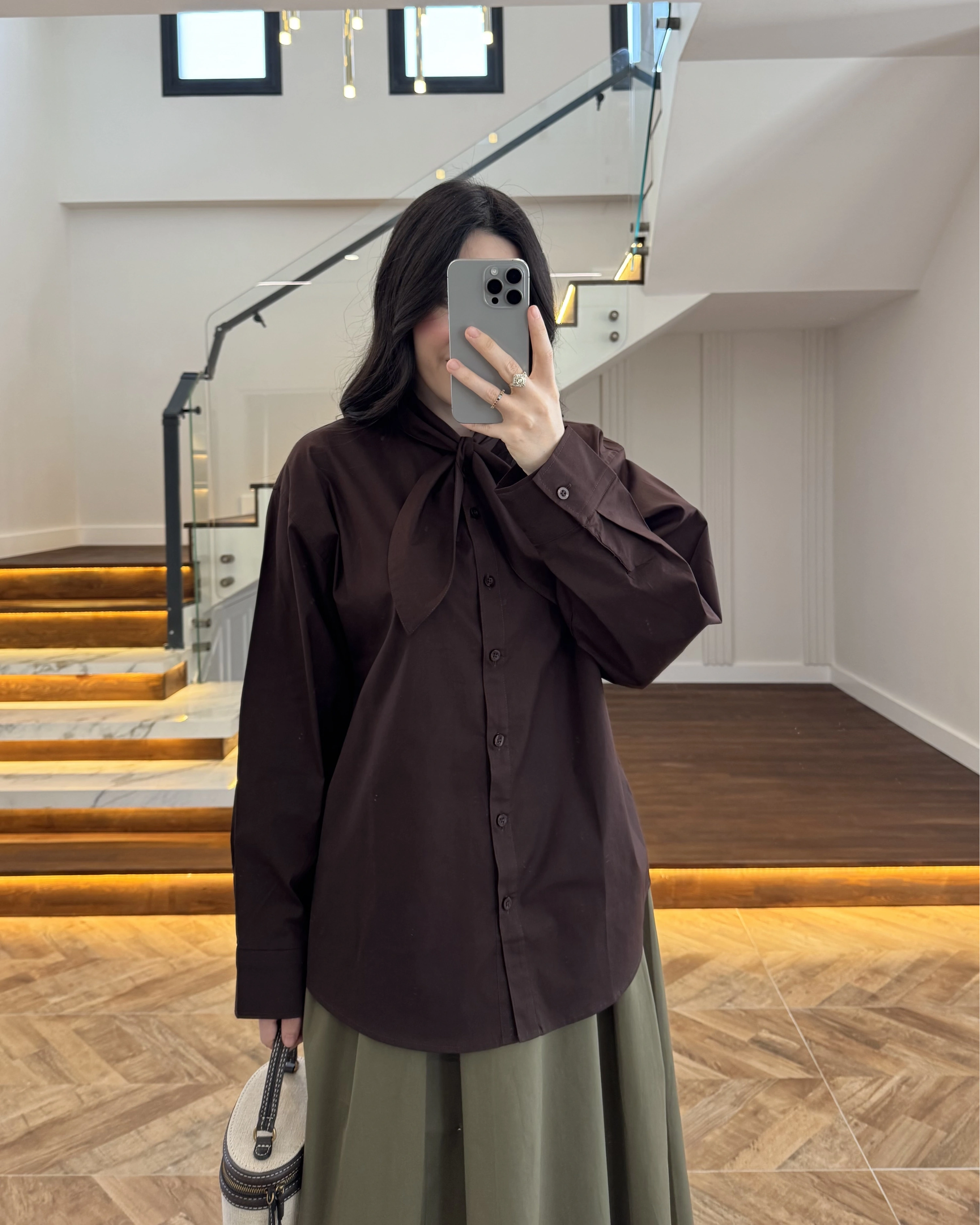 KAHVE FULAR YAKALI GÖMLEK -5407