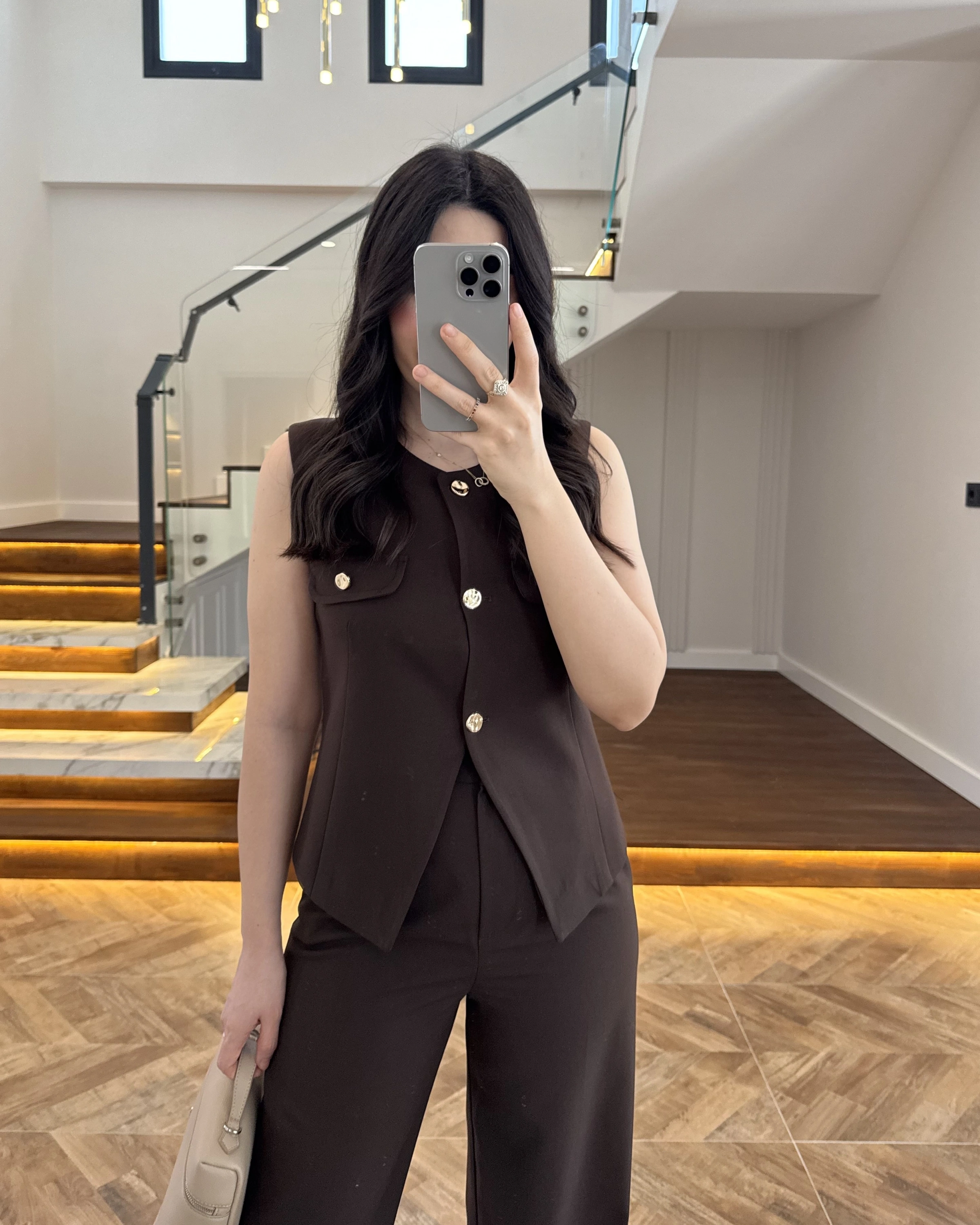 KAHVE GOLD DÜĞMELİ YELEK TAKIM -8907