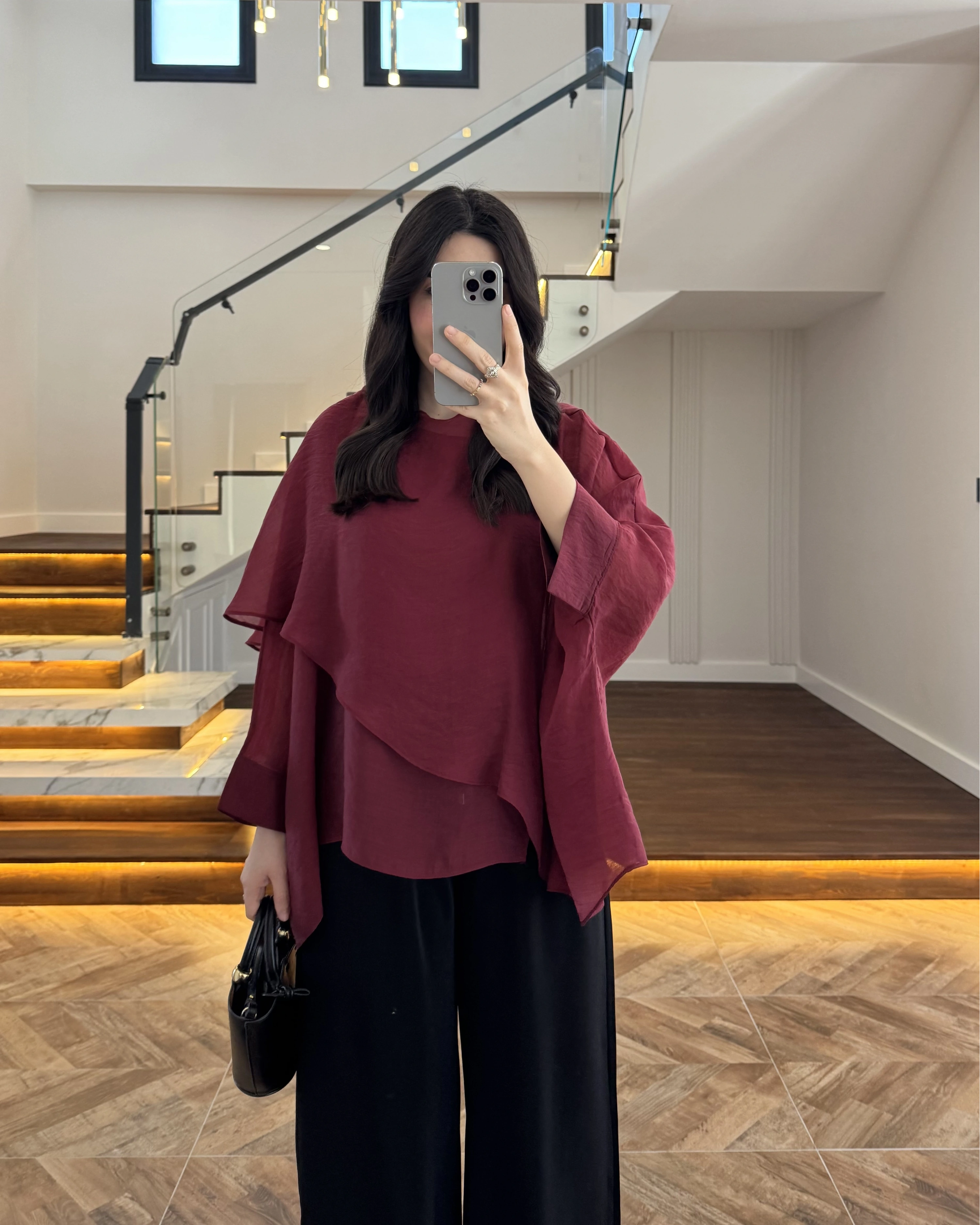 BORDO UÇUŞAN PELERİN BLUZ -5026