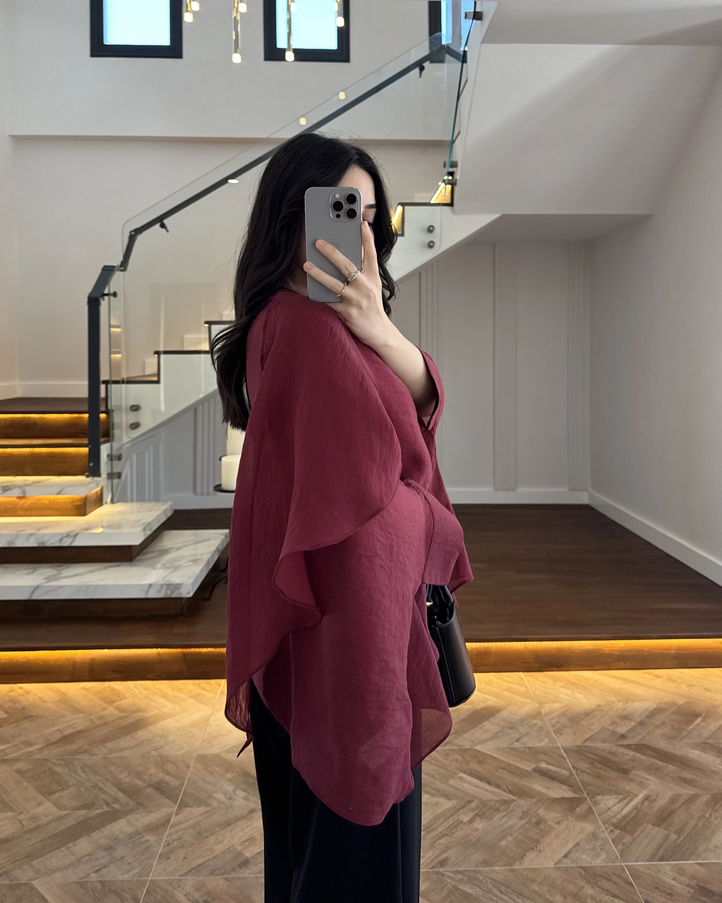 BORDO UÇUŞAN PELERİN BLUZ -5026