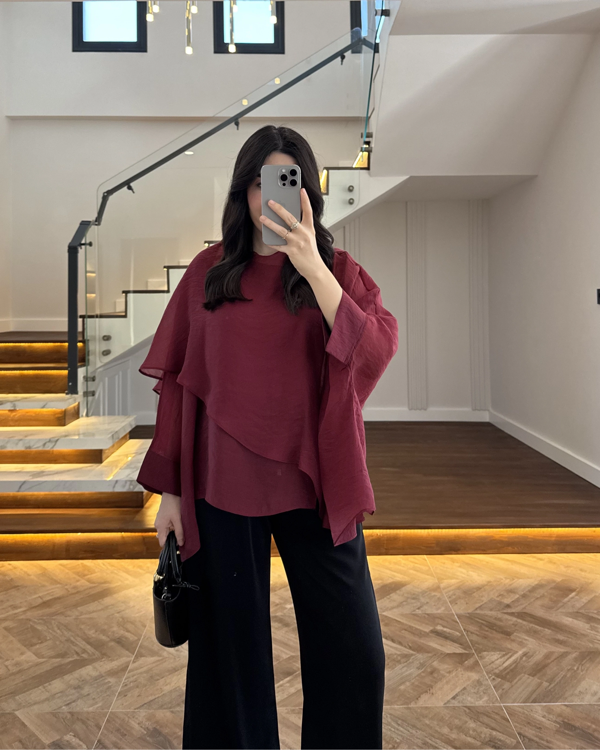 BORDO UÇUŞAN PELERİN BLUZ -5026