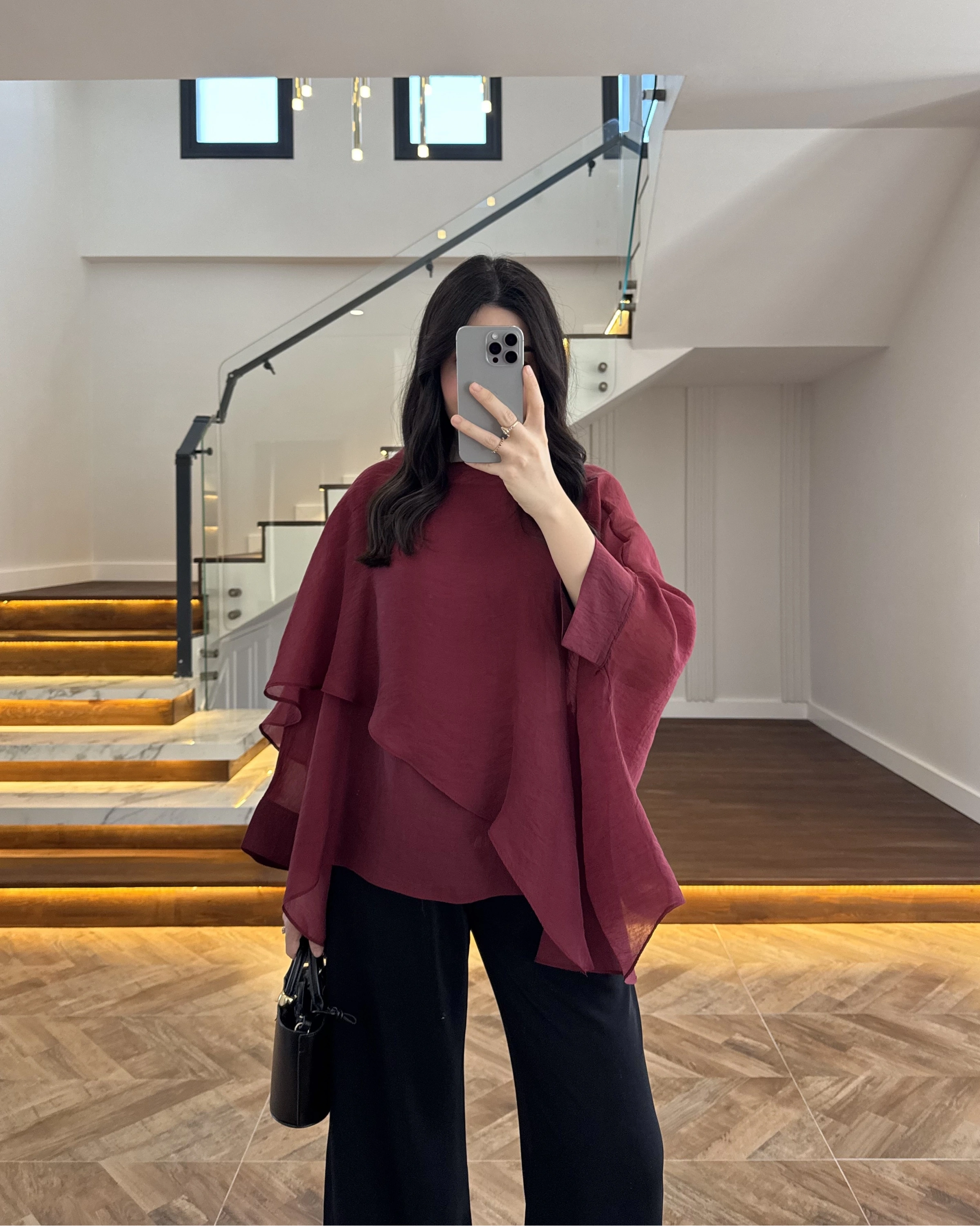 BORDO UÇUŞAN PELERİN BLUZ -5026