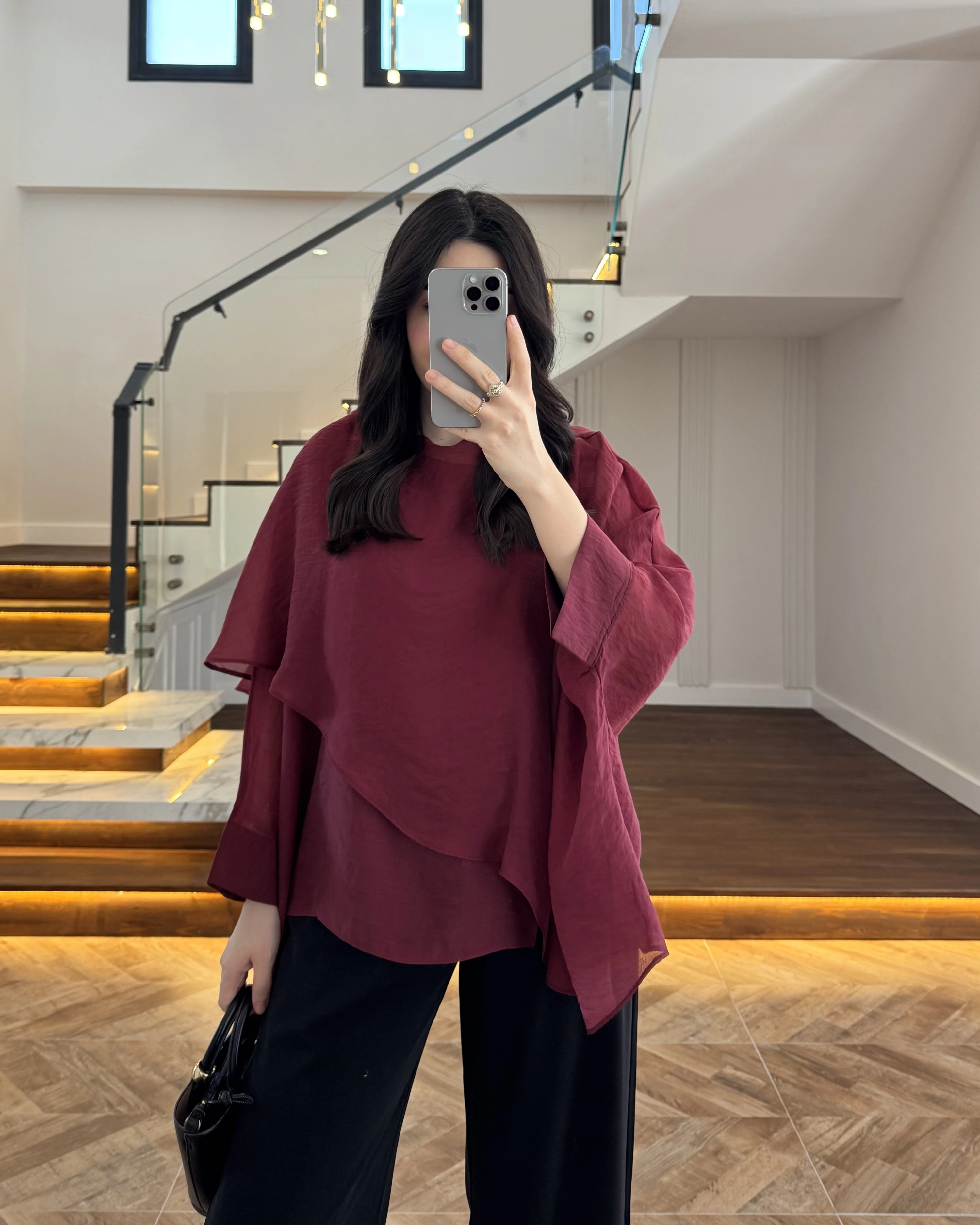 BORDO UÇUŞAN PELERİN BLUZ -5026