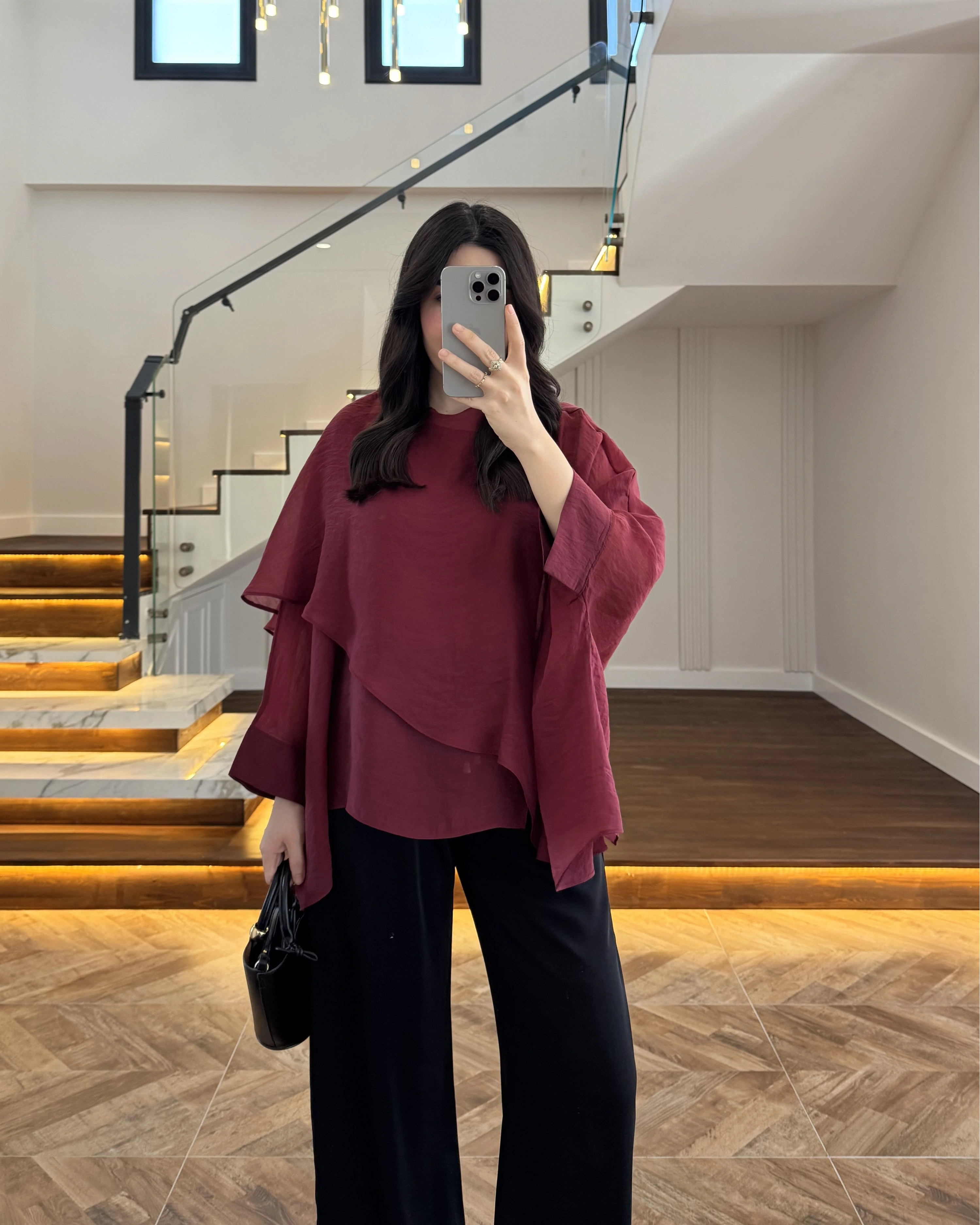 BORDO UÇUŞAN PELERİN BLUZ -5026