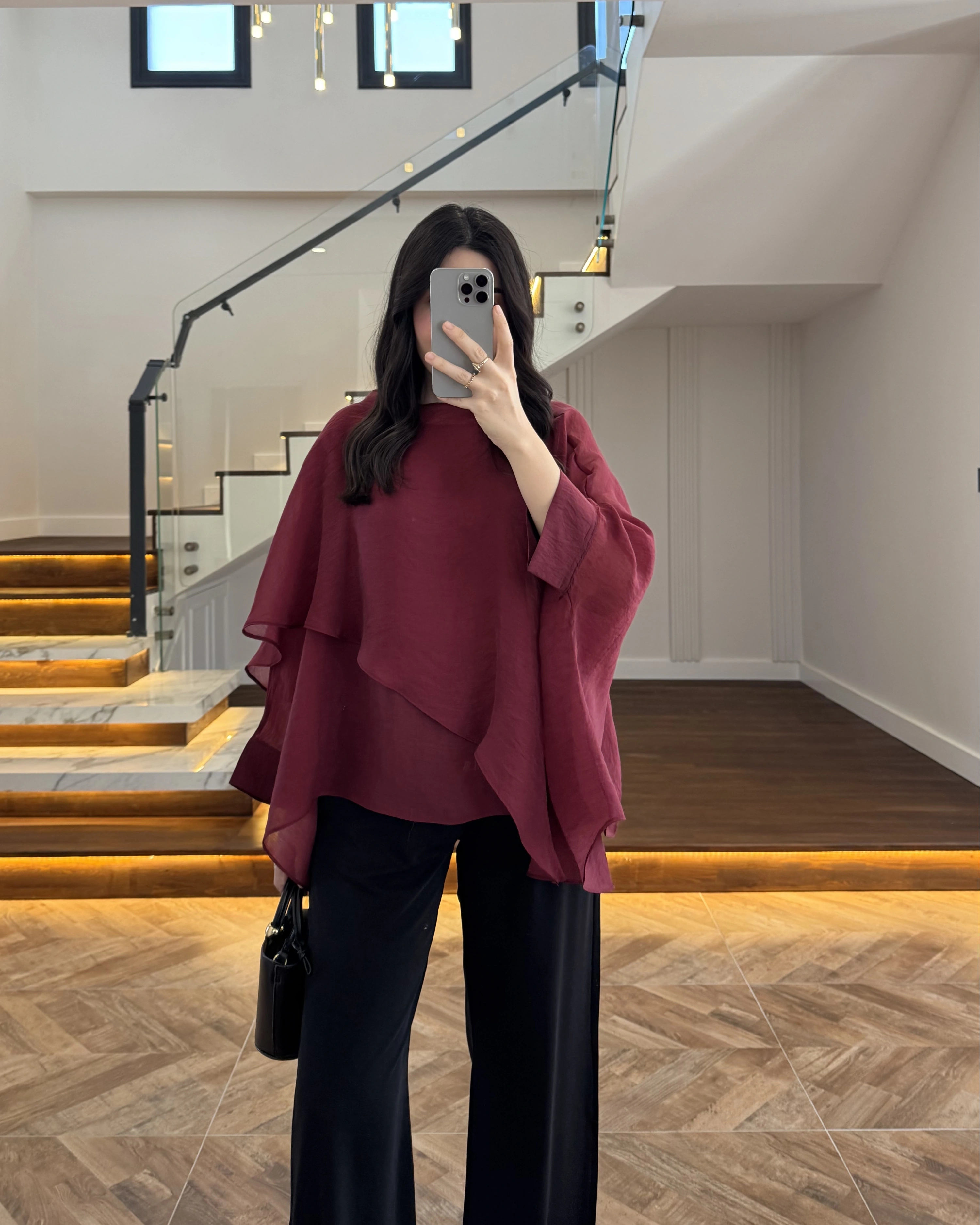 BORDO UÇUŞAN PELERİN BLUZ -5026