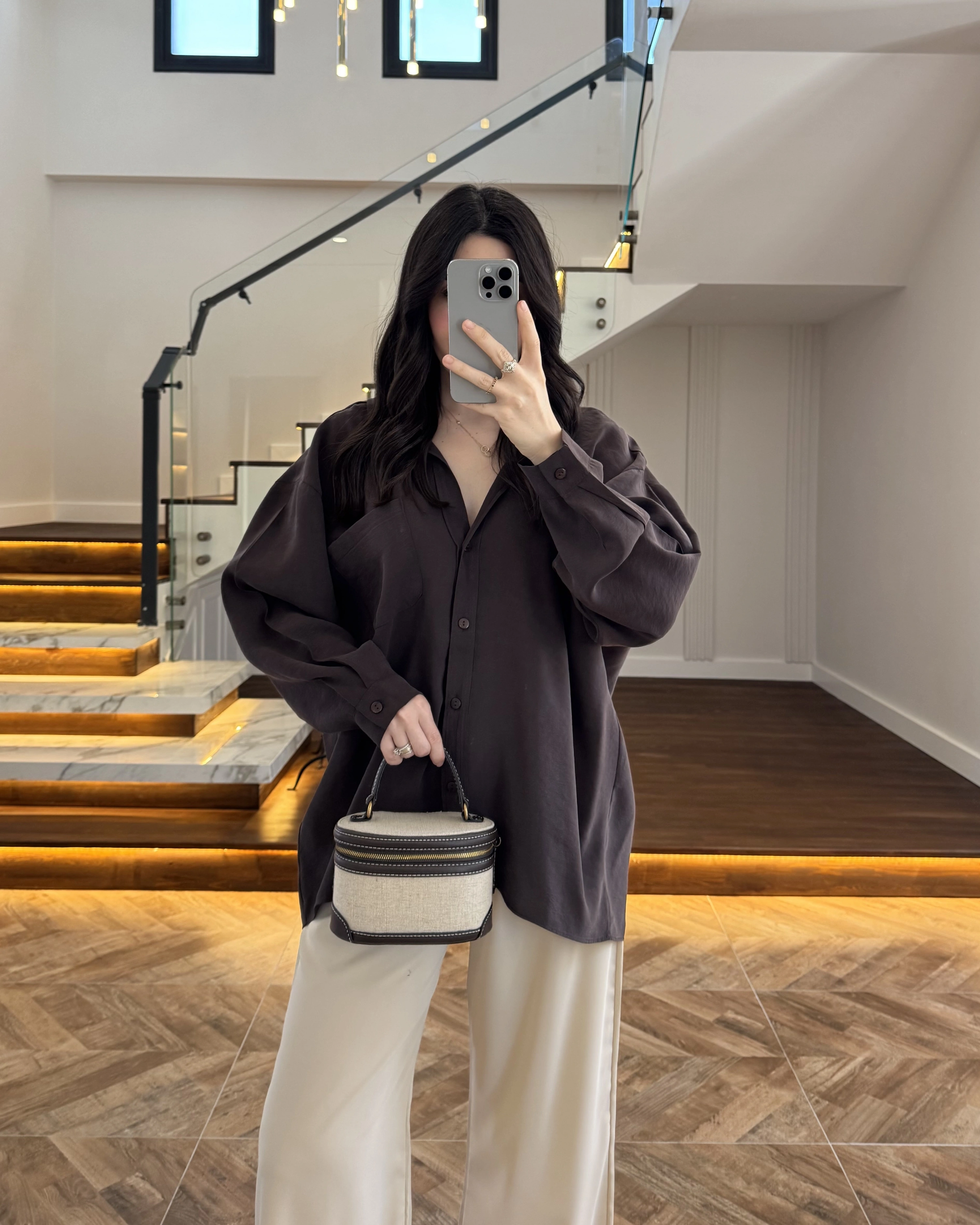 KAHVE DÜŞÜK OMUZLU MODAL GÖMLEK -5050