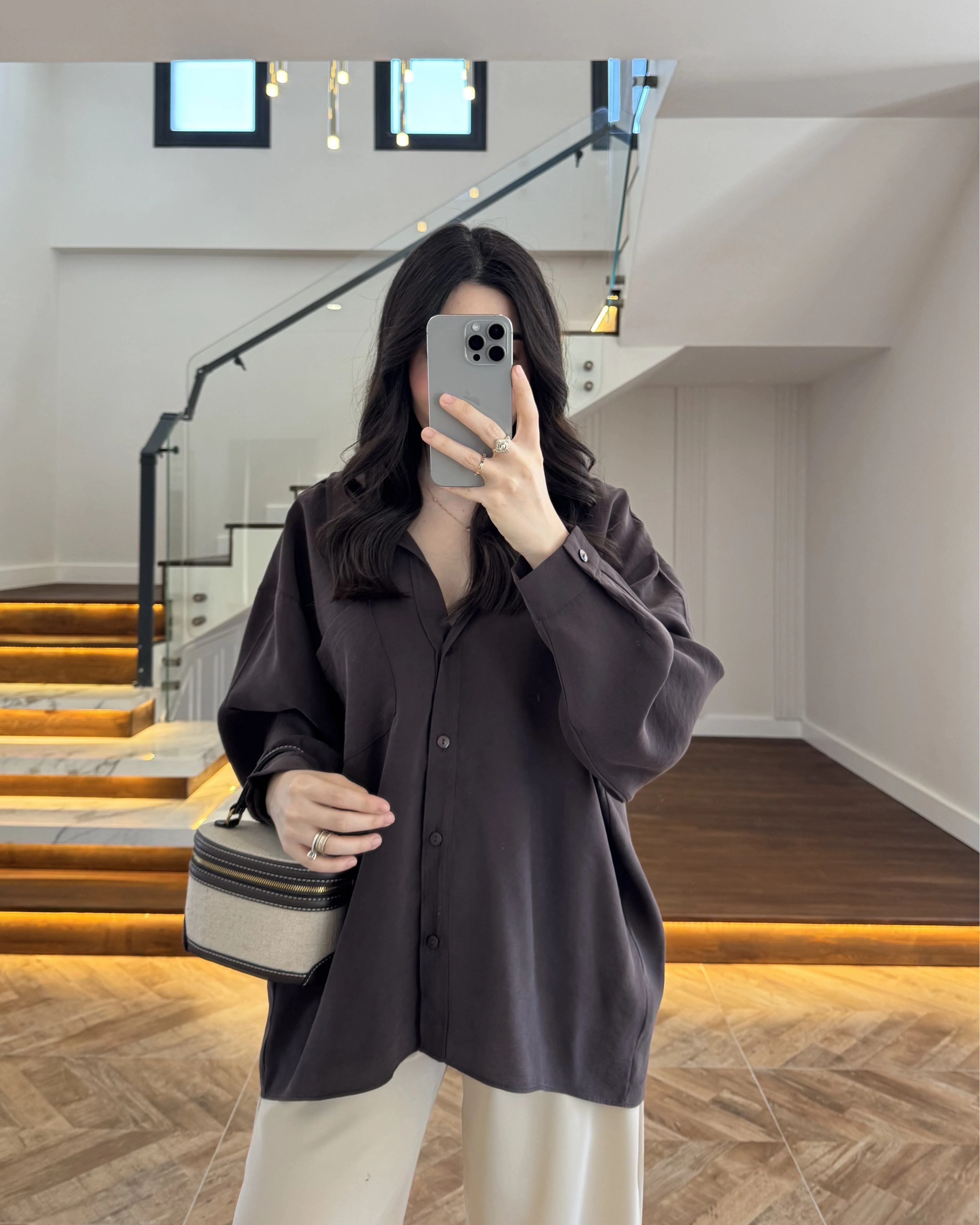 KAHVE DÜŞÜK OMUZLU MODAL GÖMLEK -5050