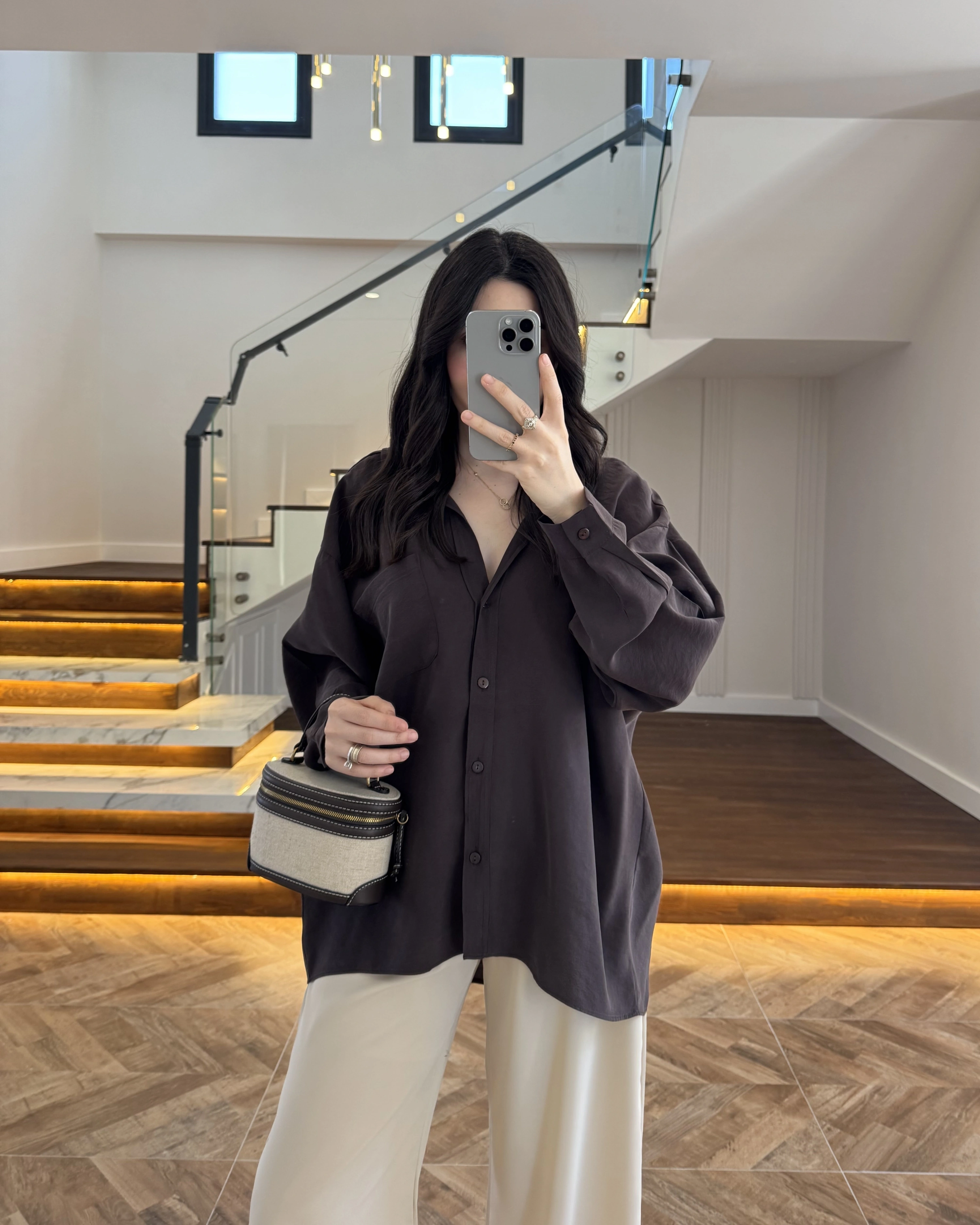 KAHVE DÜŞÜK OMUZLU MODAL GÖMLEK -5050