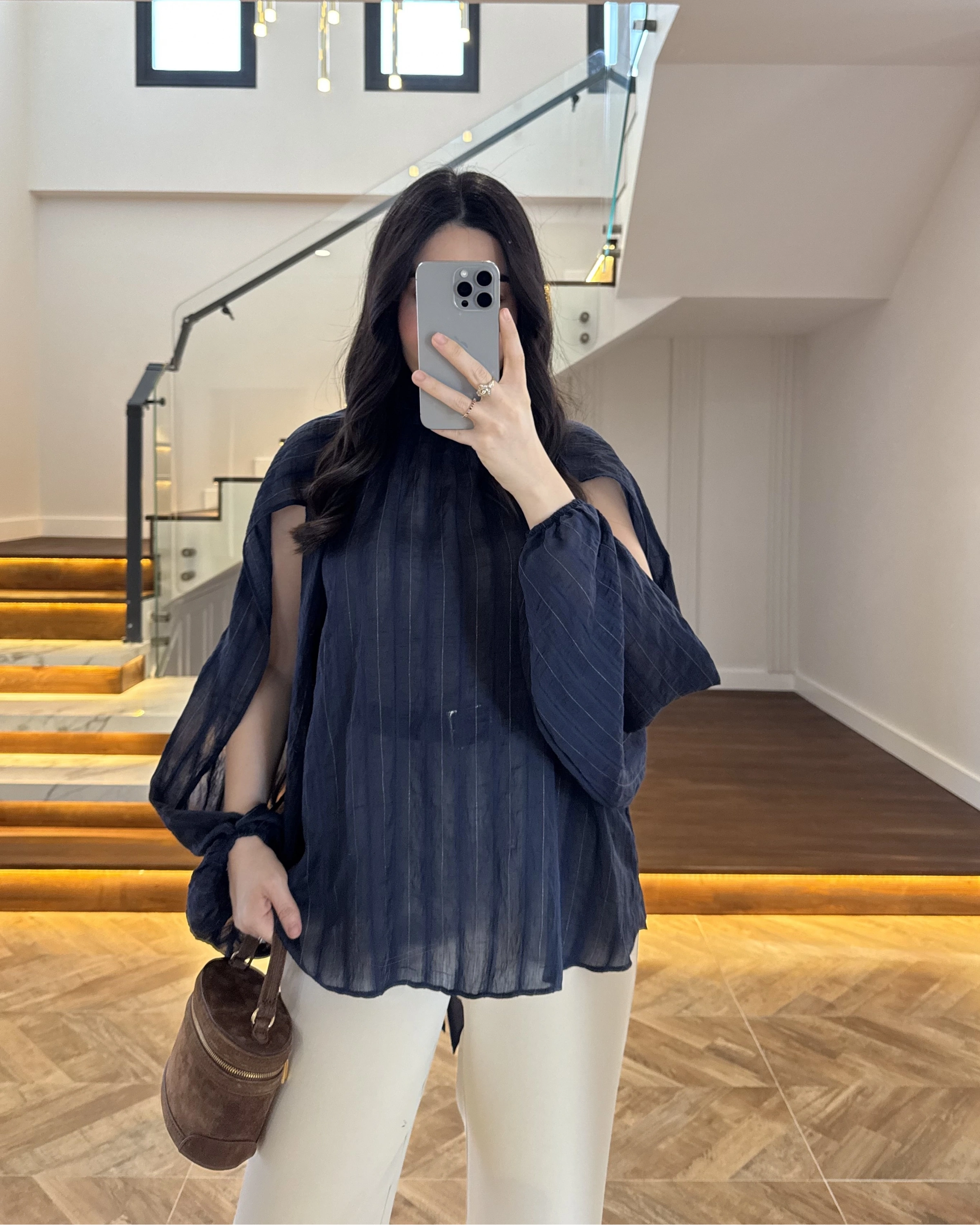 LACİVERT TASARIM BALON KOL BLUZ -5415