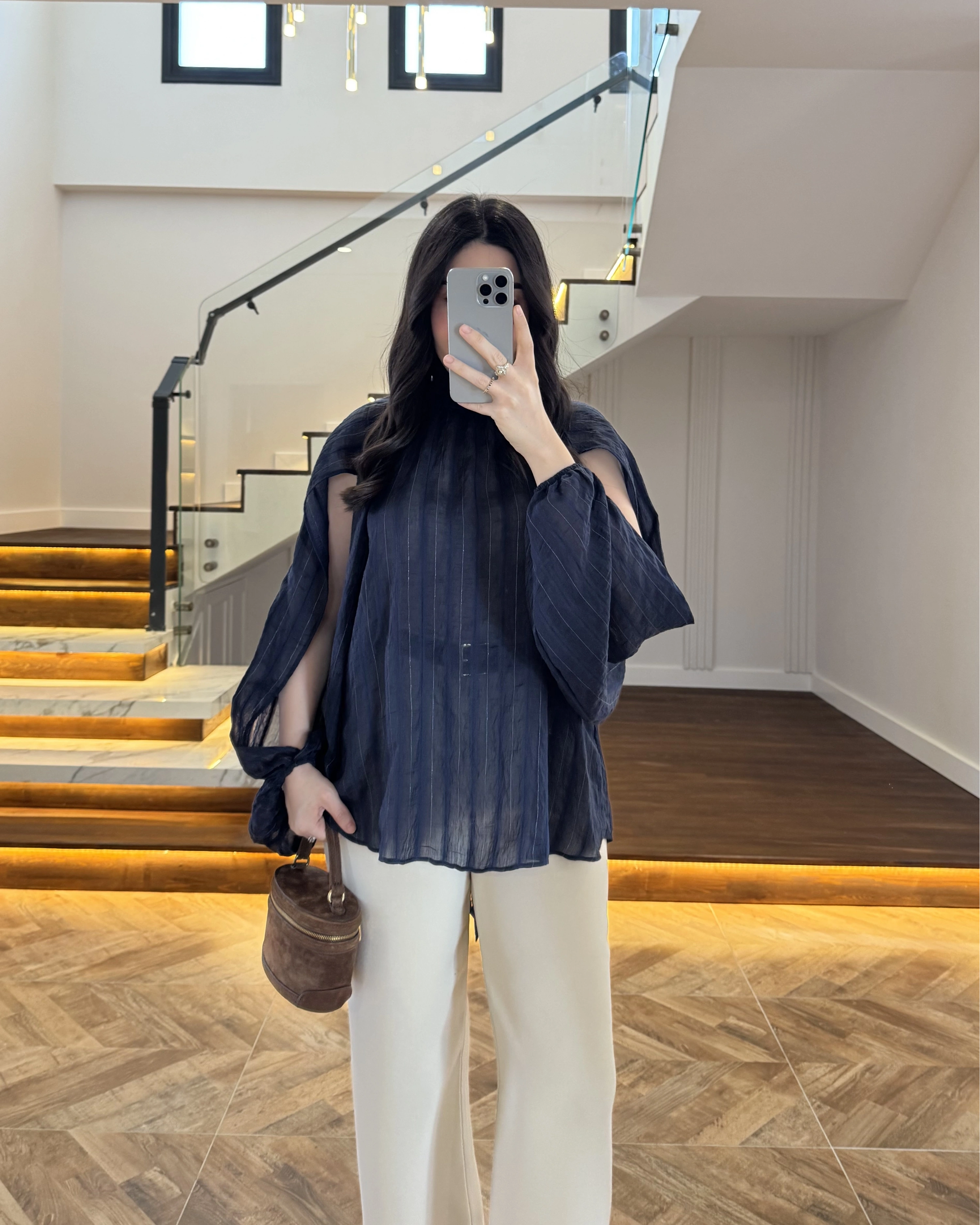 LACİVERT TASARIM BALON KOL BLUZ -5415