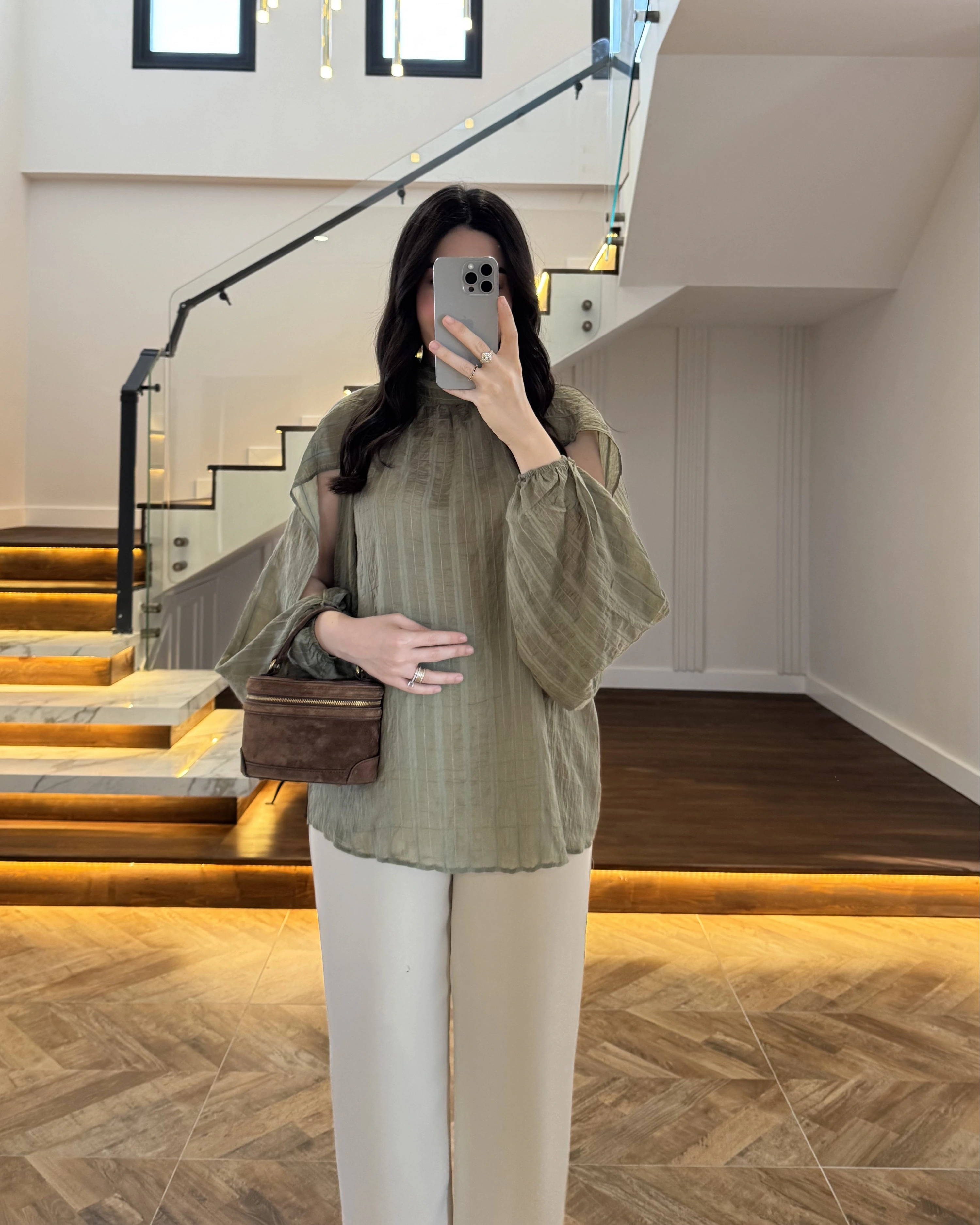 HAKİ TASARIM BALON KOL BLUZ -5415